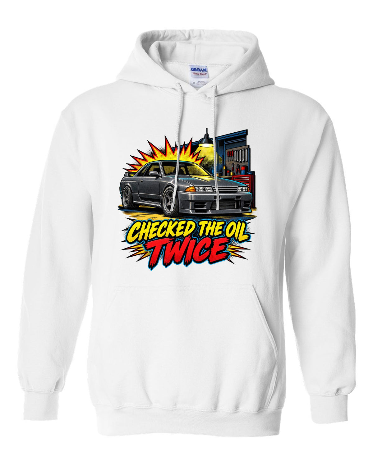 Comic halftone pop-art print of a Nissan Skyline GT-R R32 BNR32 in a garage white pull over hoodie front view with the design