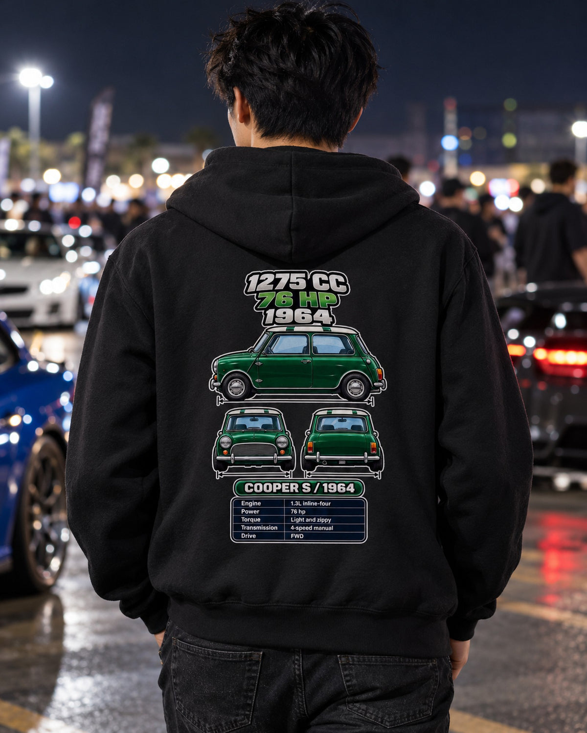 Classic Mini Cooper S Spec Sheet Full-Back Graphic Tee Zip Hoodie Black worn hero