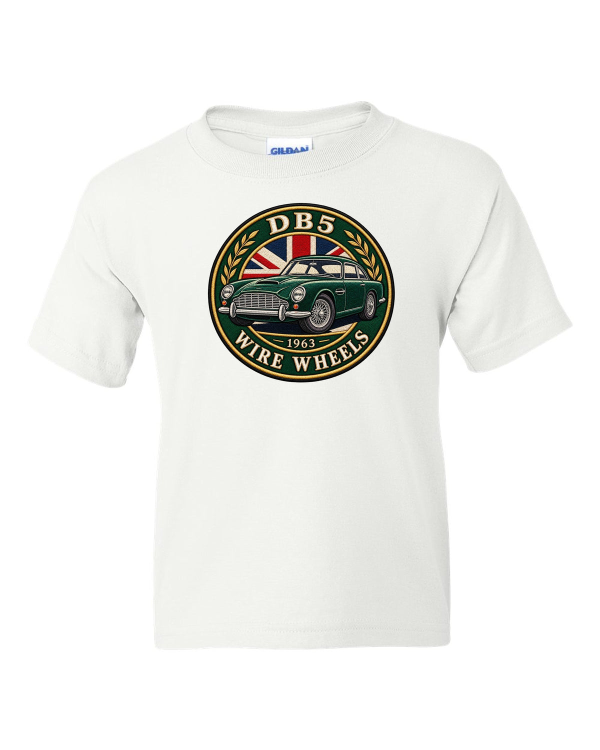 Aston Martin DB5 varsity crest with DB5 1963 WIRE WHEELS lettering white kids tee front view with the design