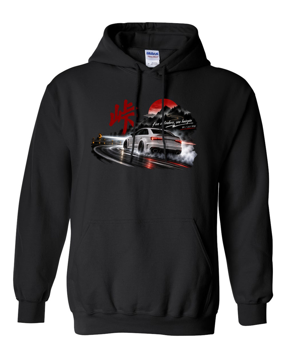 Audi RS3 8V sedan rear three-quarter sliding at night with touge kanji black pull over hoodie front view with the design
