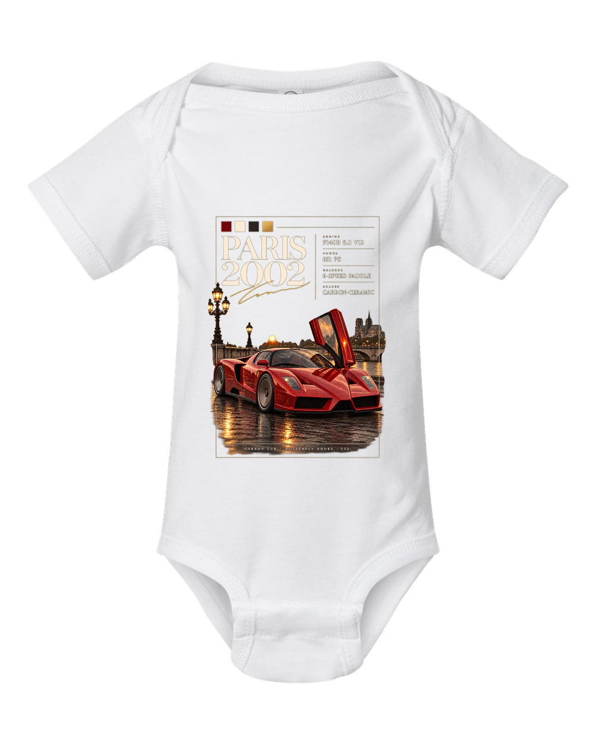 Ferrari Enzo 2002 front three-quarter archive panel print, Paris 2002, F140B V12, 651 PS white baby onesie front view with the design