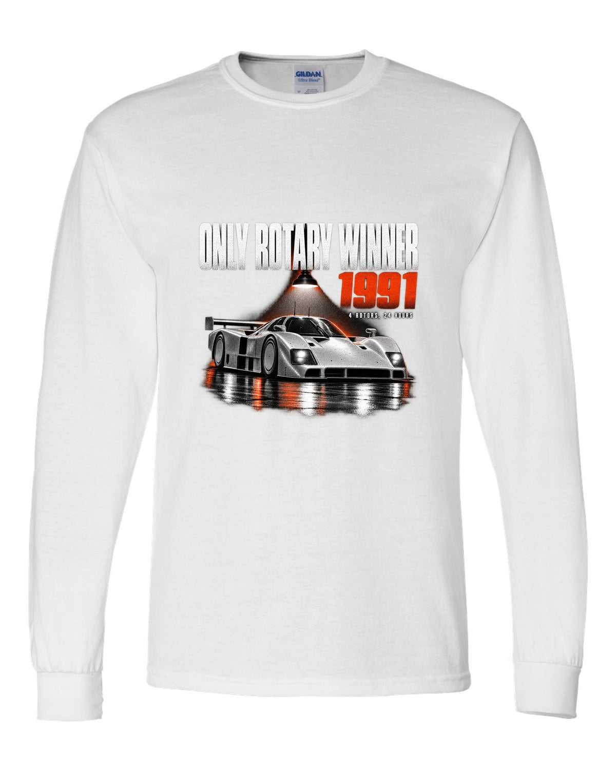 Mazda 787B in a dark garage with only rotary winner 1991 lettering white long sleeve front view with the design