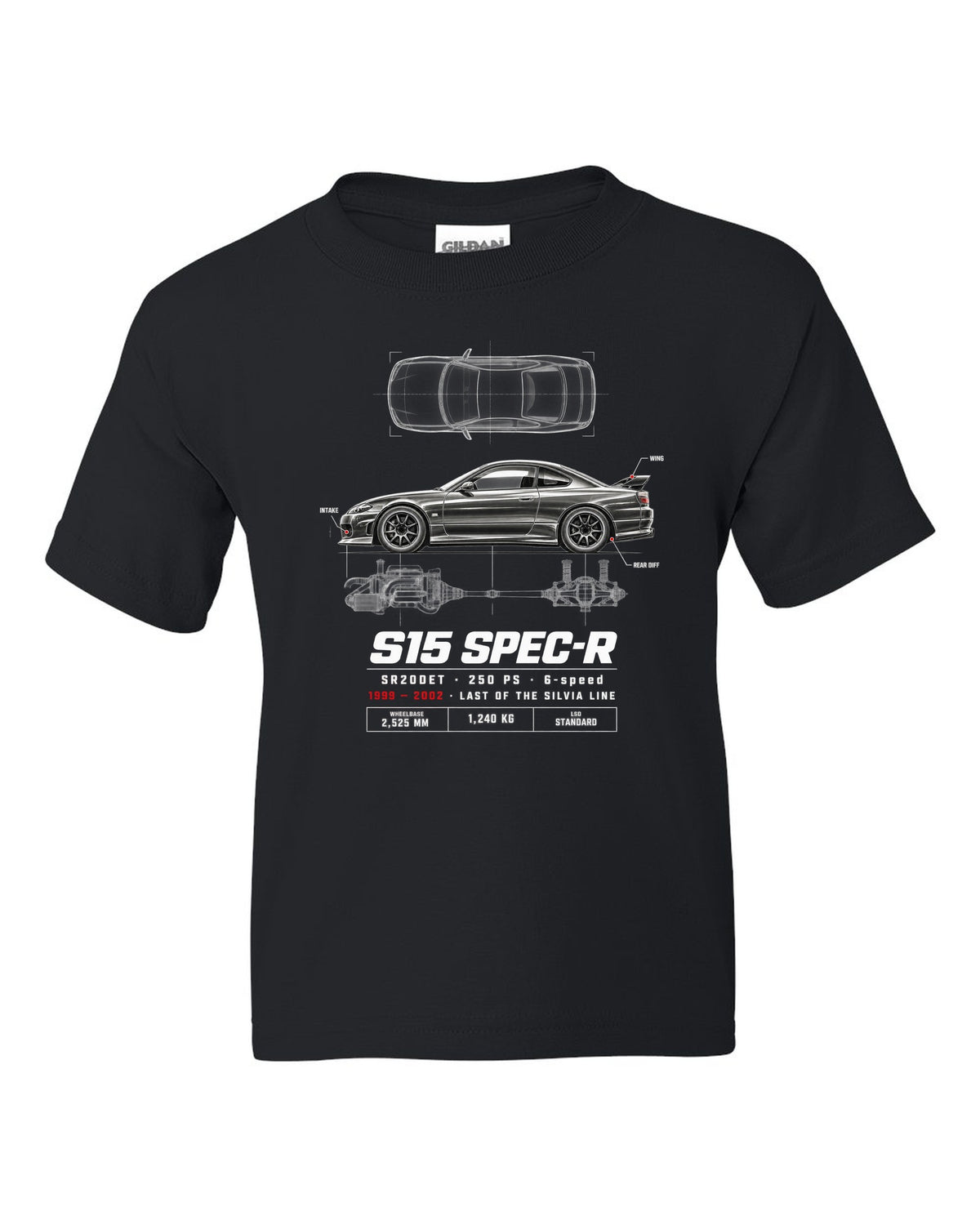 Spec poster print of a Nissan Silvia S15 Spec-R top-down profile with SR20DET data black kids tee front view with the design