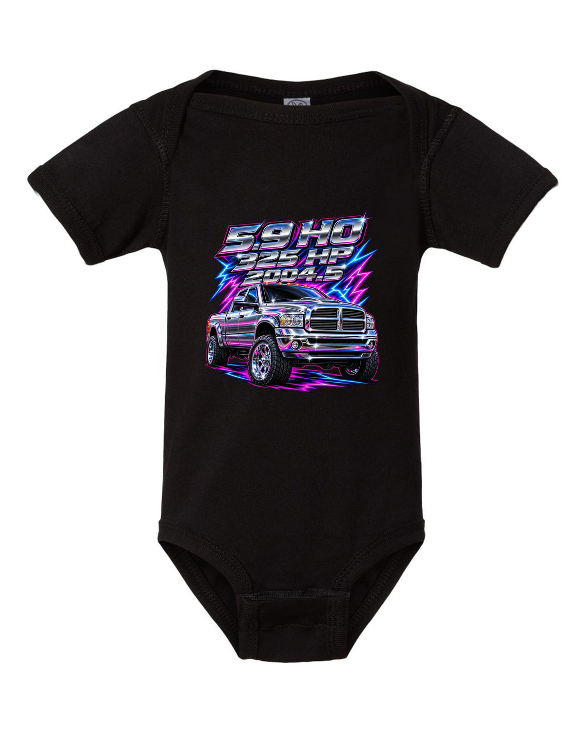 80s chrome airbrush print of a 2003-2009 Dodge Ram 2500 Cummins with 5.9 HO 325 HP 2004.5 text black baby onesie front view with the design