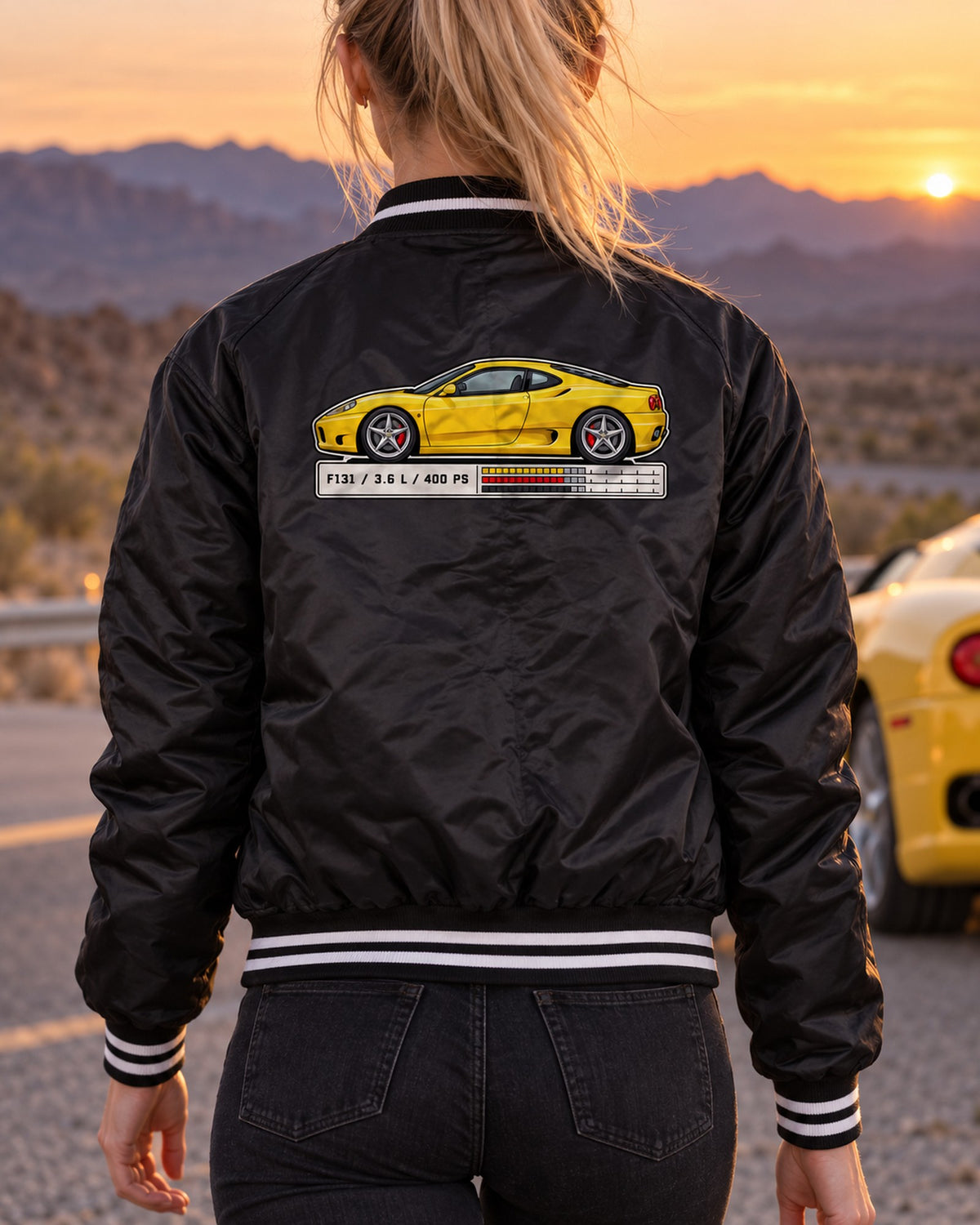 Ferrari 360 Modena F131 Data Plate Shirt, Spec Sheet print Bomber Jacket Black worn hero