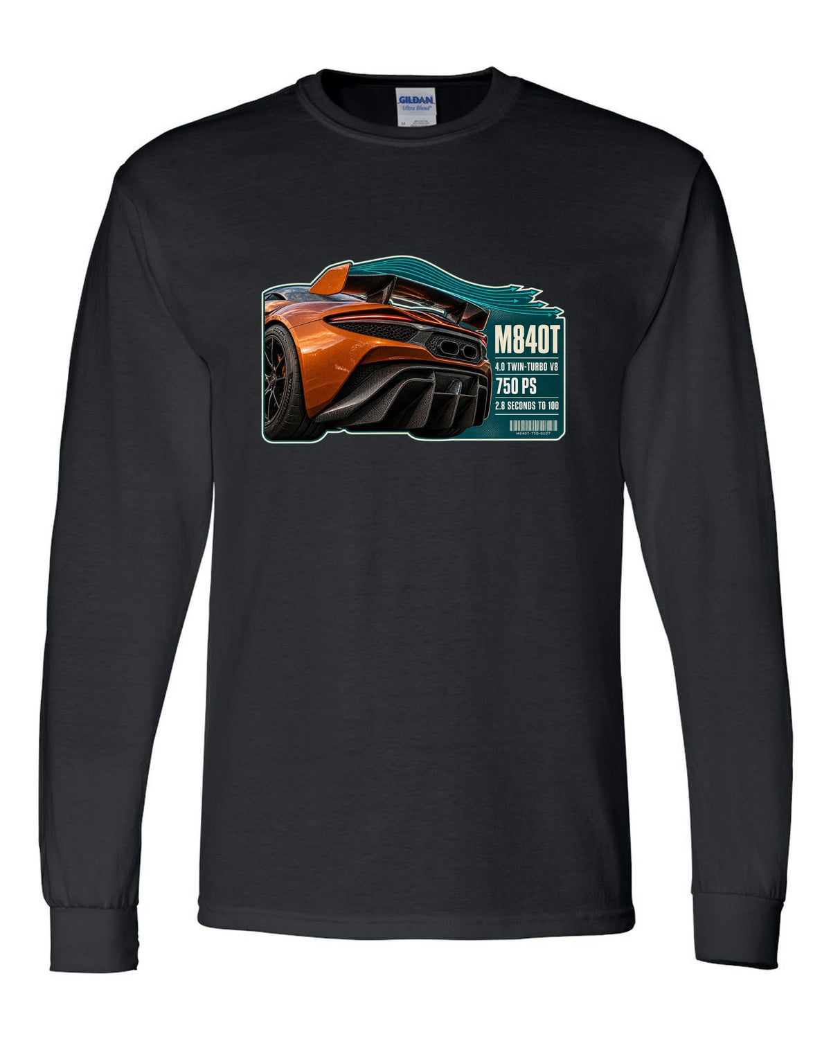 print taillight close-up of a McLaren 750S in burnt orange black long sleeve front view with the design