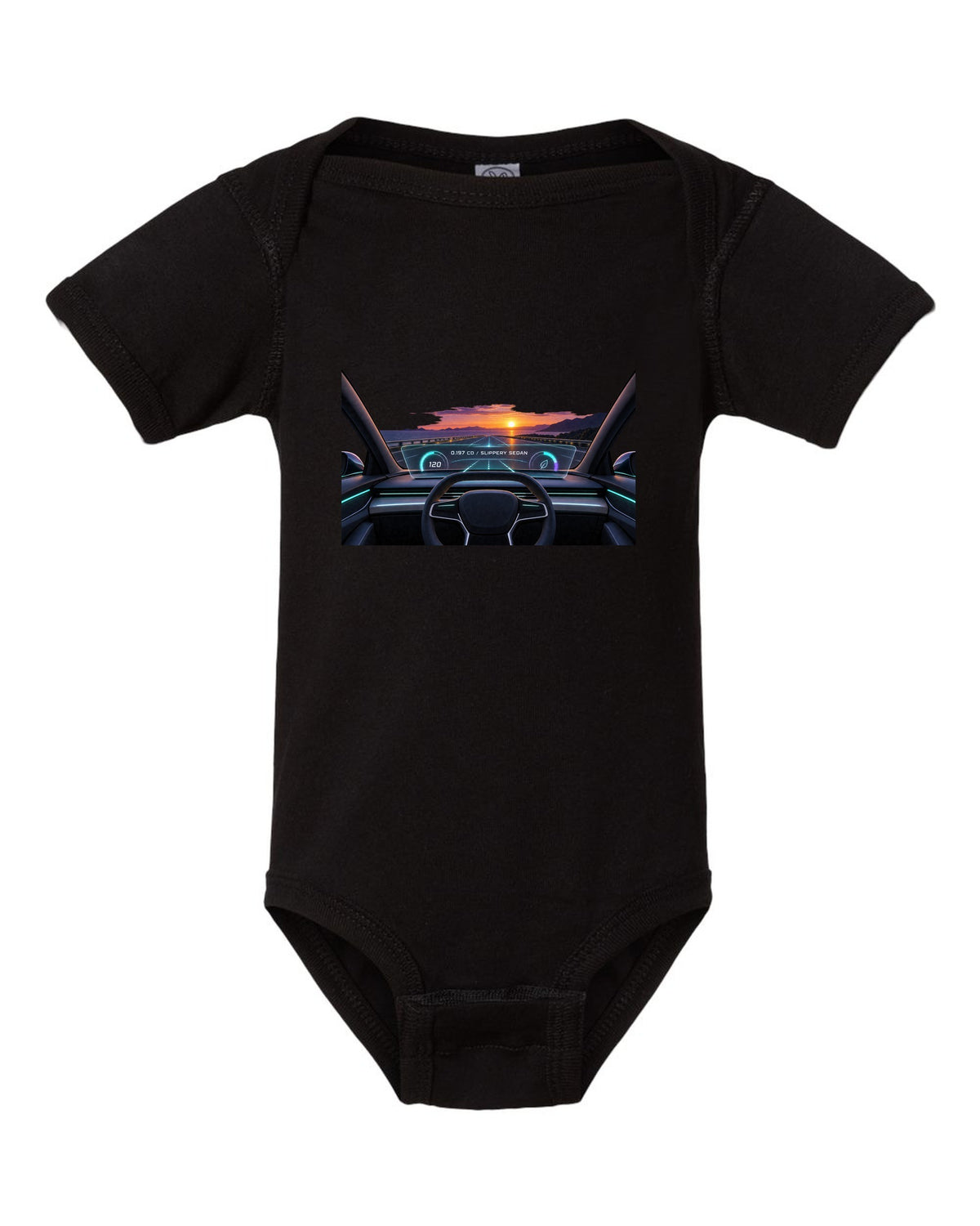 Lucid Air Sapphire gauge cluster HUD print with the text 0.197 Cd slippery sedan black baby onesie front view with the design