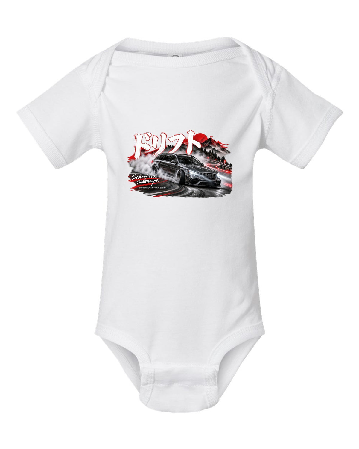 print touge drift night of a Mercedes W213 E63 S wagon with Japanese drift text and School Run Sideways white baby onesie front view with the design