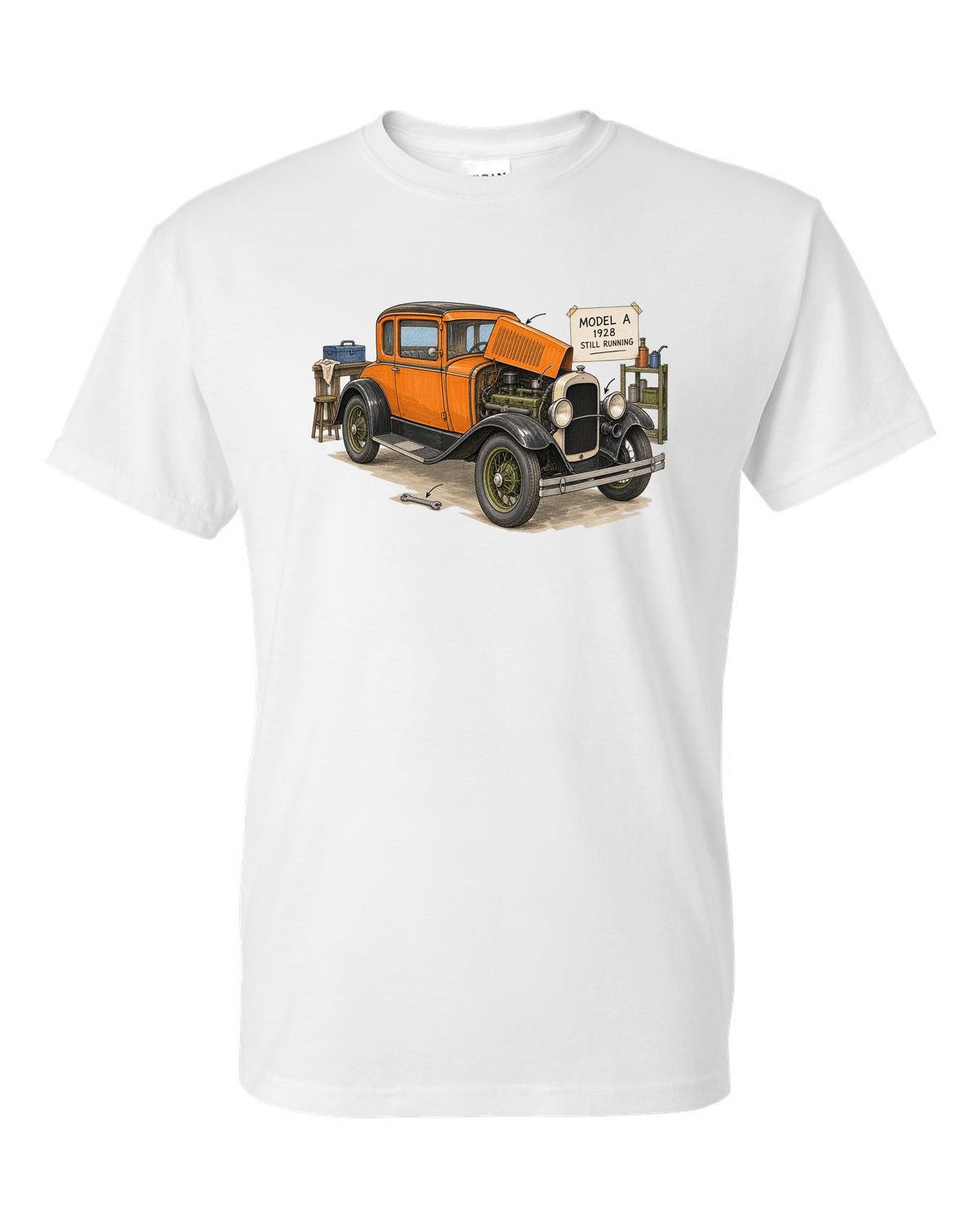 Ink and marker sketch of a 1928 Ford Model A coupe with still running lettering white t-shirt front view with the design