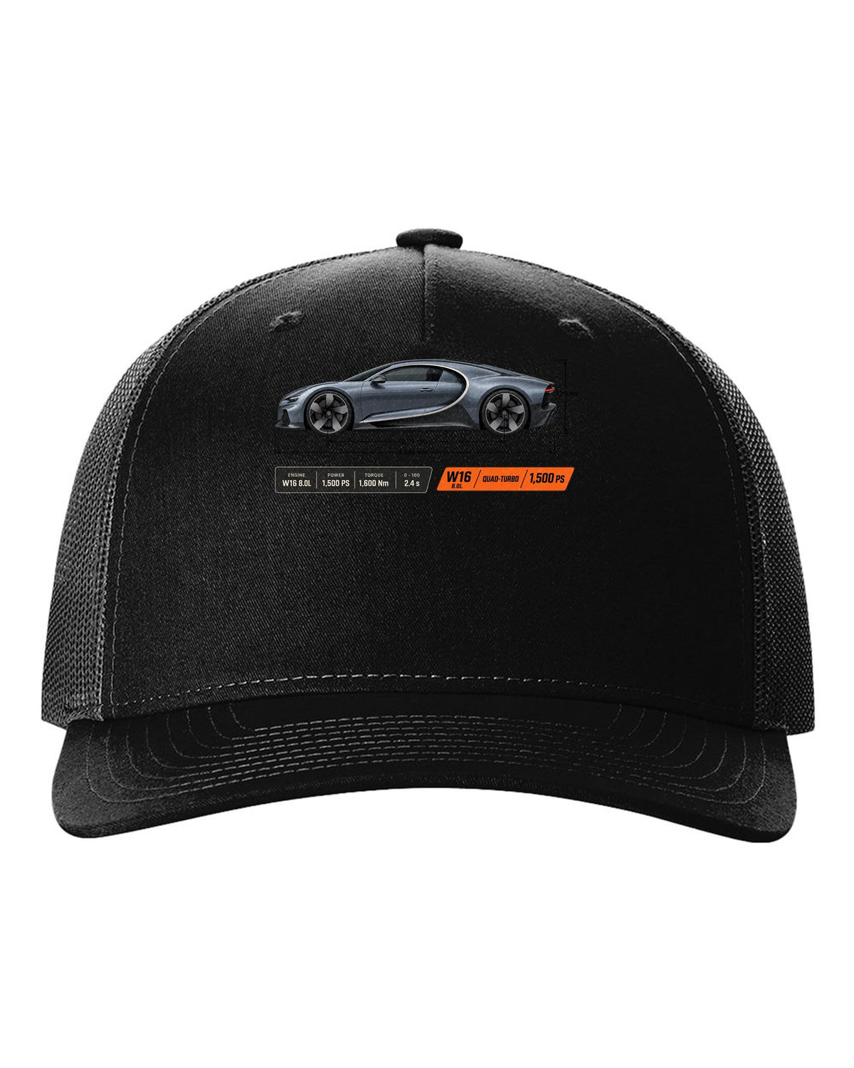 Bugatti Chiron W16 Dimension Blueprint black hat front view with the design