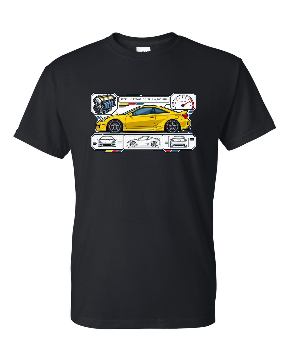 Spec sheet data plate for a Toyota Celica ZZT231 listing 2ZZ-GE, 1.8L and 8,200 RPM black t-shirt front view with the design