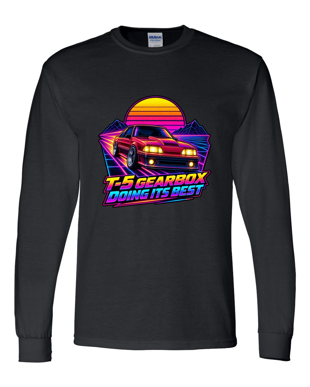 Synthwave sunset grid print of a Ford Mustang Fox Body GT with T-5 gearbox text black long sleeve front view with the design
