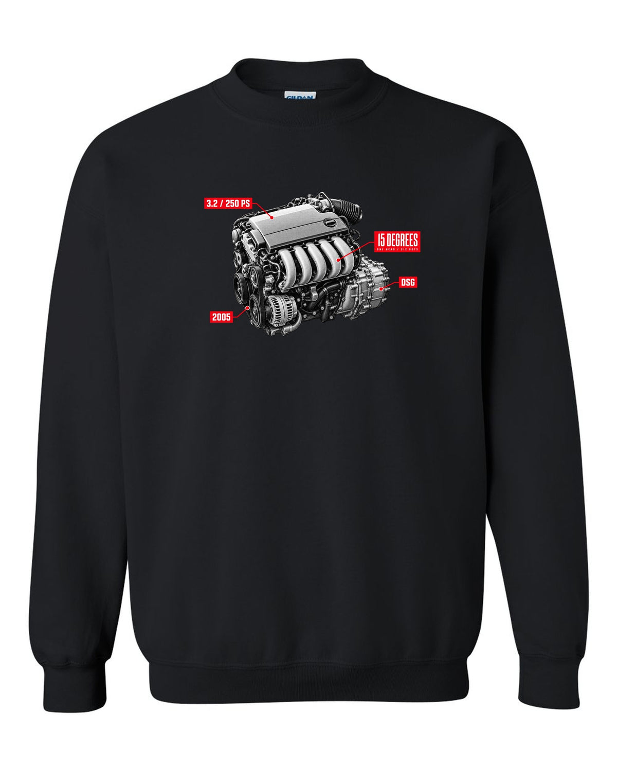 VW Golf R32 Mk5 2005 VR6 engine hero design with 15 degrees one head text black crewneck front view with the design
