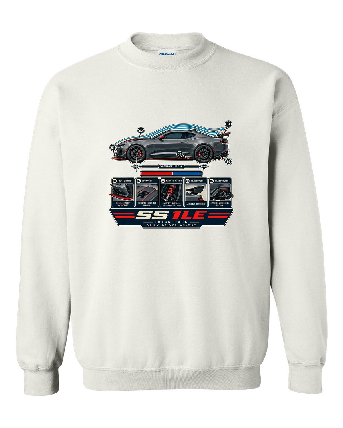 Airflow cutaway print of a 6th generation Chevrolet Camaro SS 1LE white crewneck front view with the design