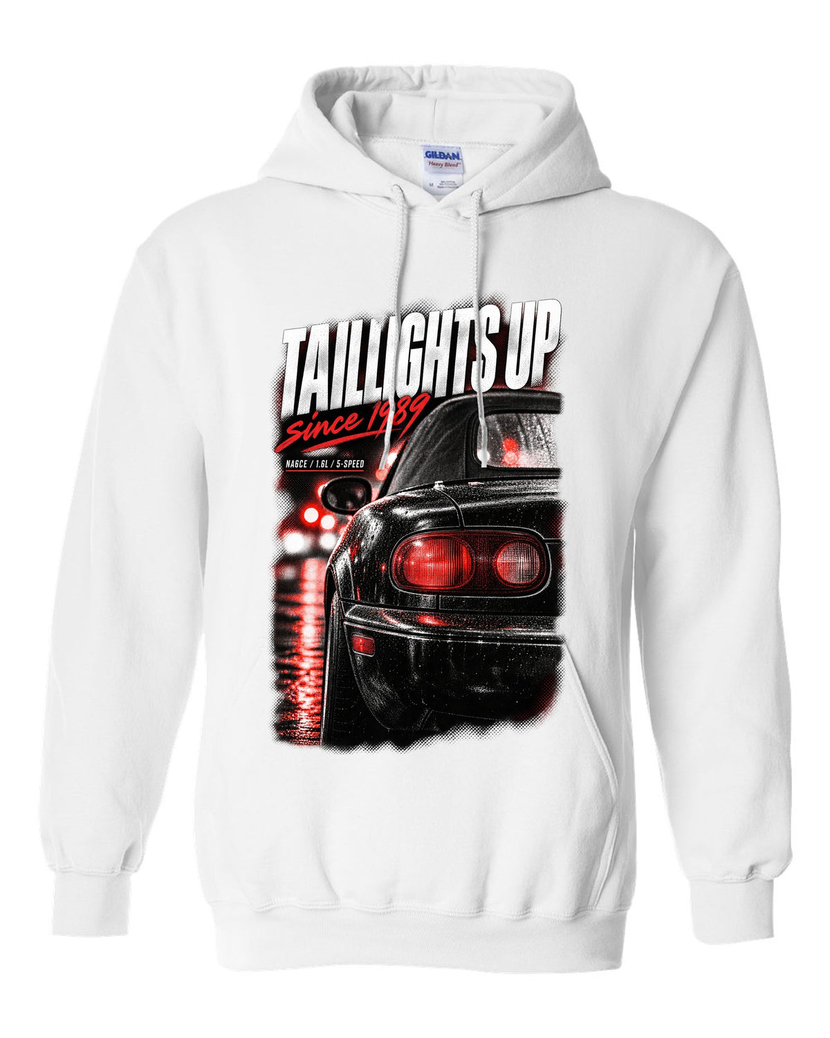 Taillight macro print for the Mazda MX-5 NA 1989-97 with NA6CE, 1.6L and 5-speed lettering white pull over hoodie front view with the design