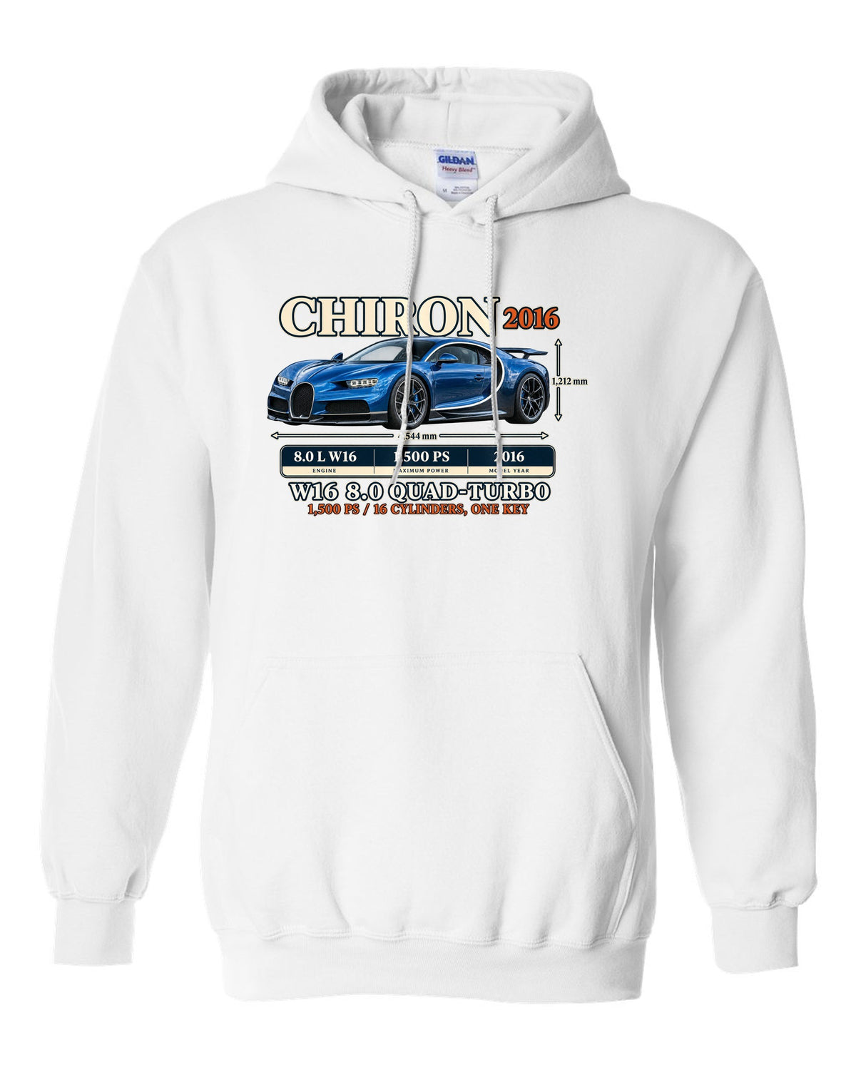 Archive panel print of a steel blue Bugatti Chiron with W16 spec text white pull over hoodie front view with the design