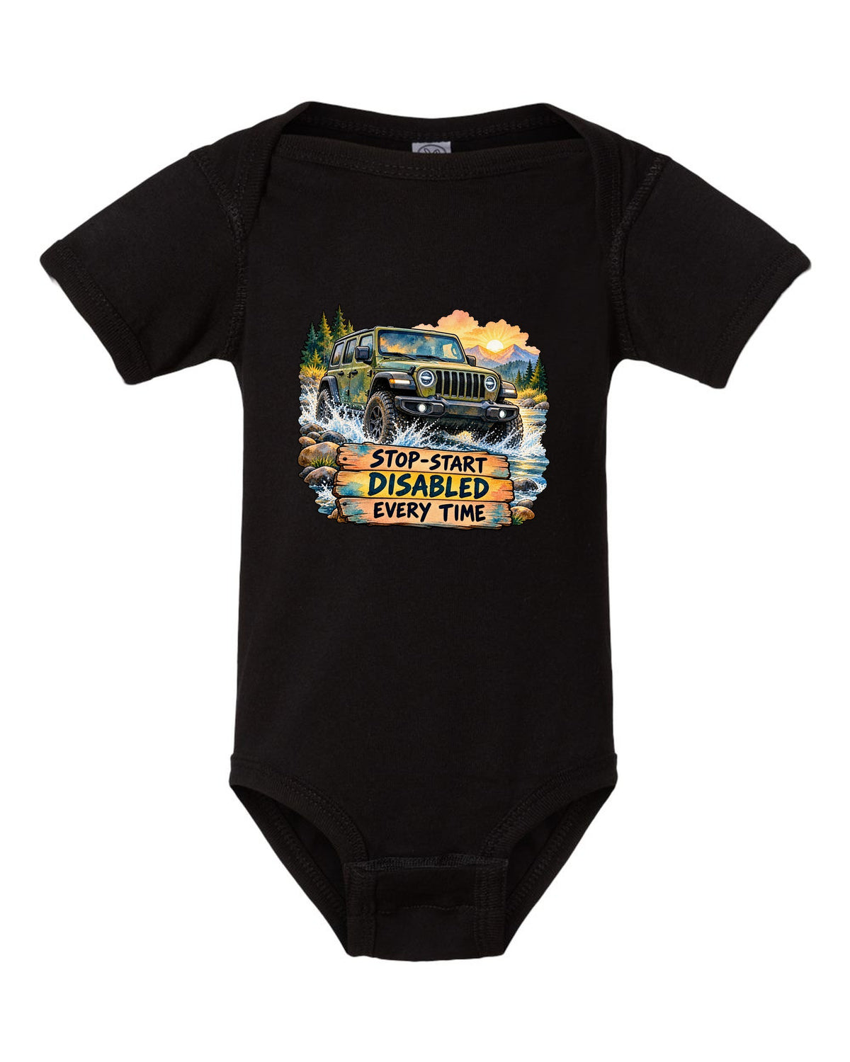 Watercolour night road print of a Jeep Wrangler JL with stop-start disabled text black baby onesie front view with the design
