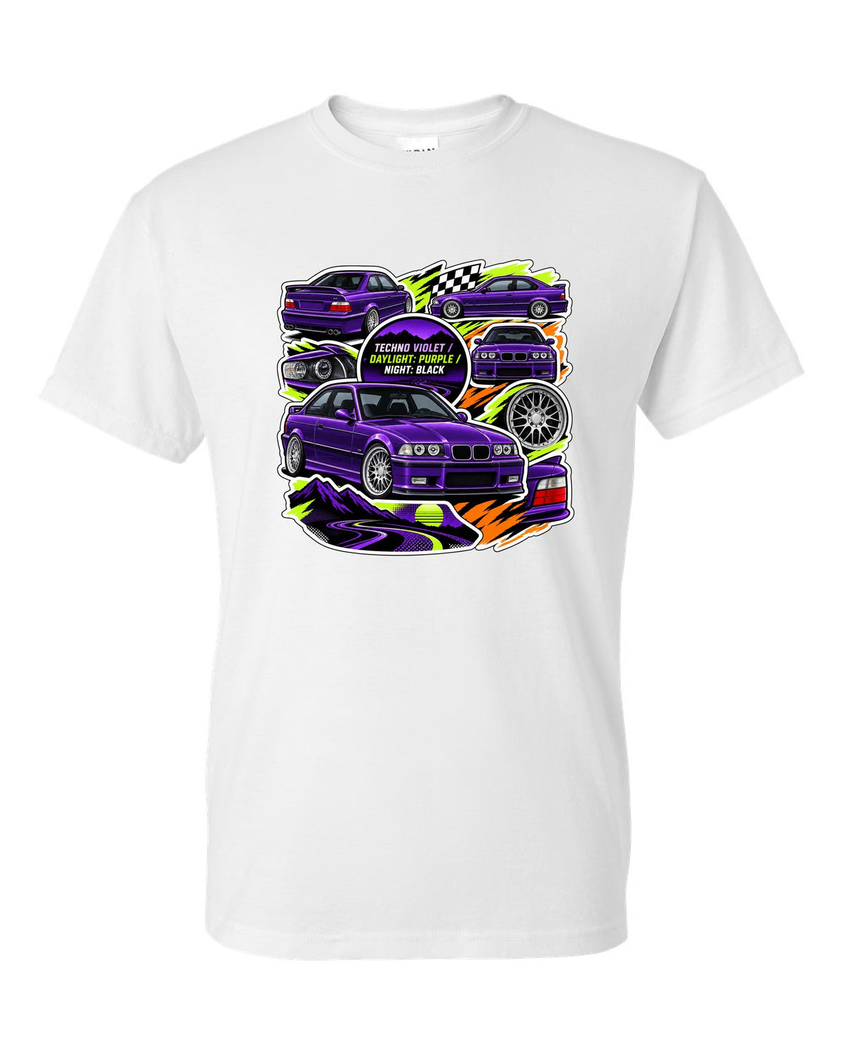 Sticker bomb collage print of a Techno Violet BMW E36 M3 with daylight purple night black text white t-shirt front view with the design