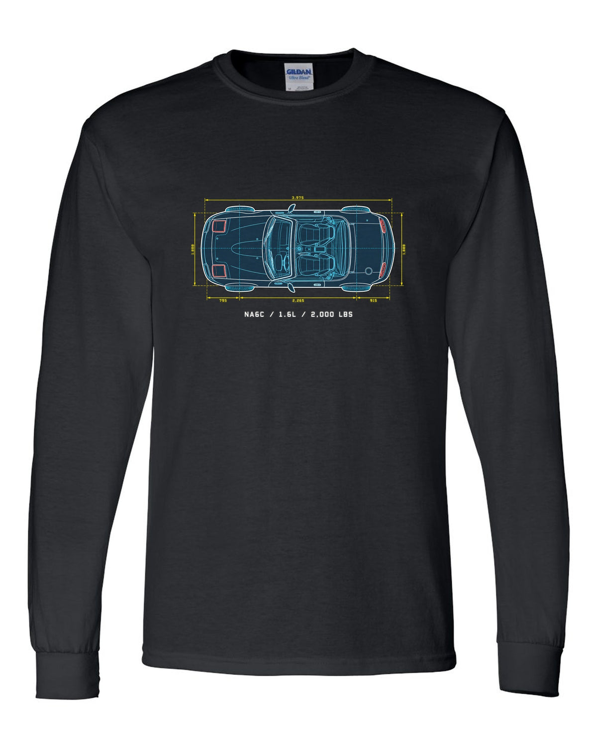 Technical blueprint line art of the Mazda MX-5 NA6C with 1.6L and 2,000 lbs text black long sleeve front view with the design