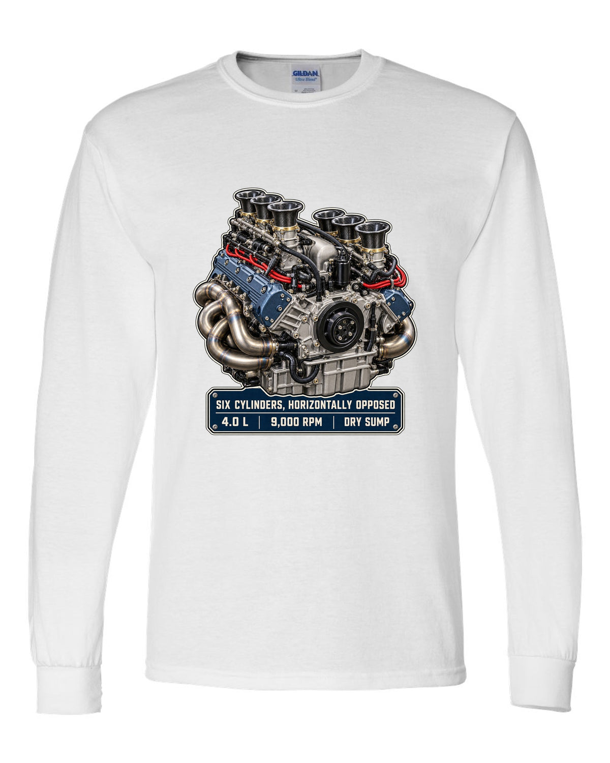 Porsche 992 GT3 RS 4.0 flat-six engine hero print design white long sleeve front view with the design