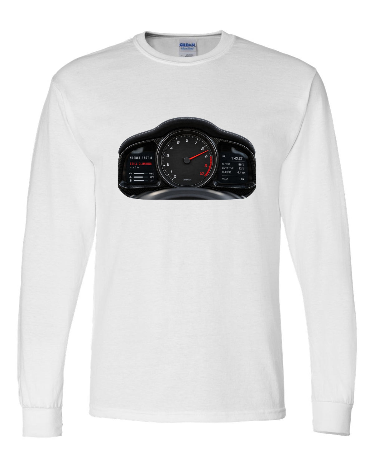 Cockpit gauge print of a 2022 Porsche 911 GT3 RS 992 tachometer past 8 white long sleeve front view with the design