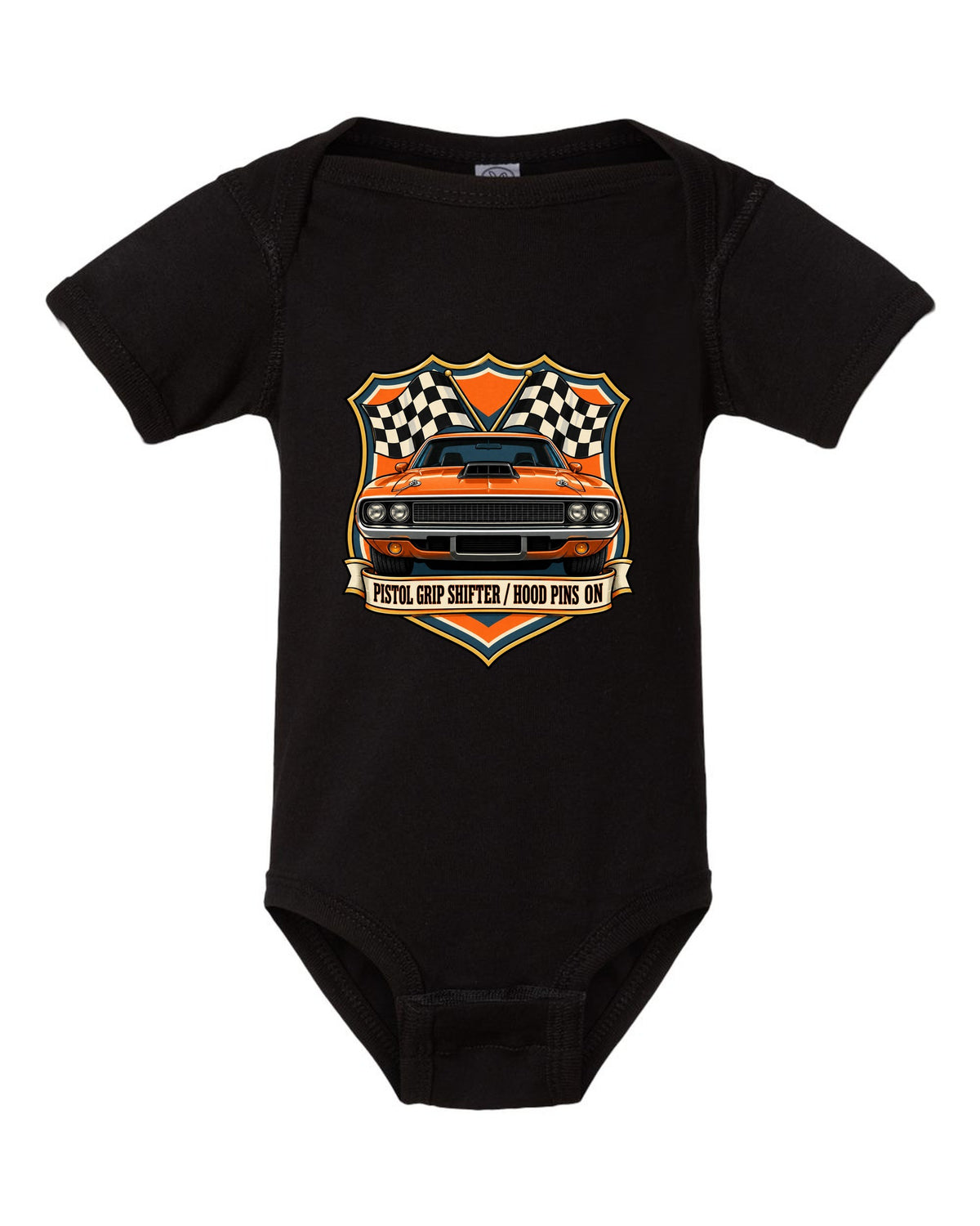 Shield crest design for a 1970 Dodge Challenger R/T E-body with pistol grip shifter caption black baby onesie front view with the design