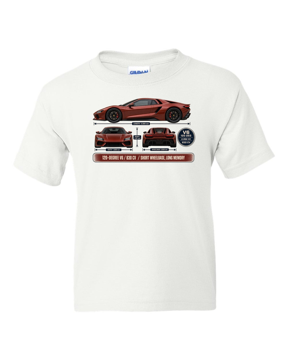 print three-view drawing with spec table of a Ferrari 296 GTB in brick red white kids tee front view with the design