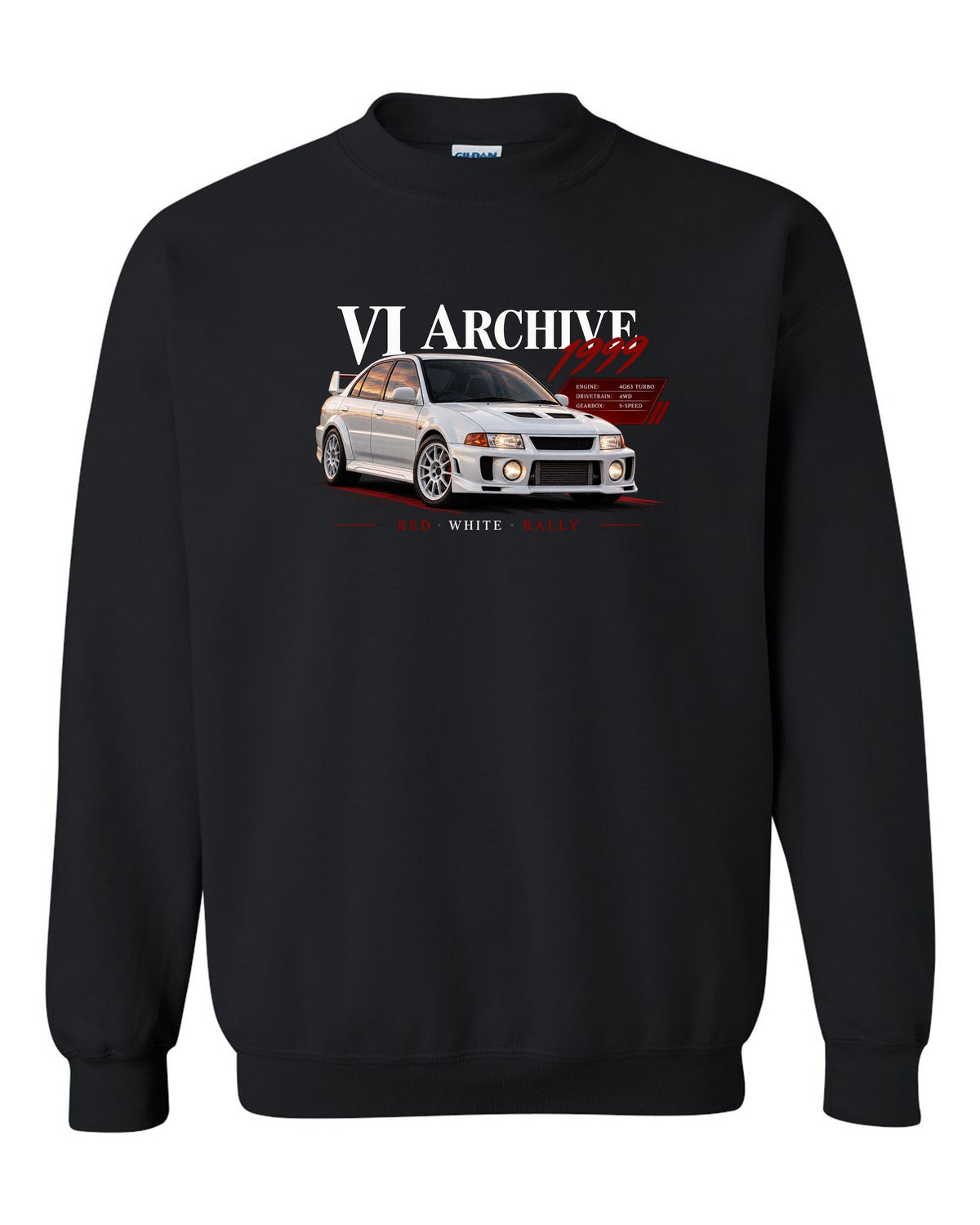 Archive panel print for the Mitsubishi Lancer Evolution VI CP9A listing 4G63 turbo, AWD, 5-speed, red white rally black crewneck front view with the design