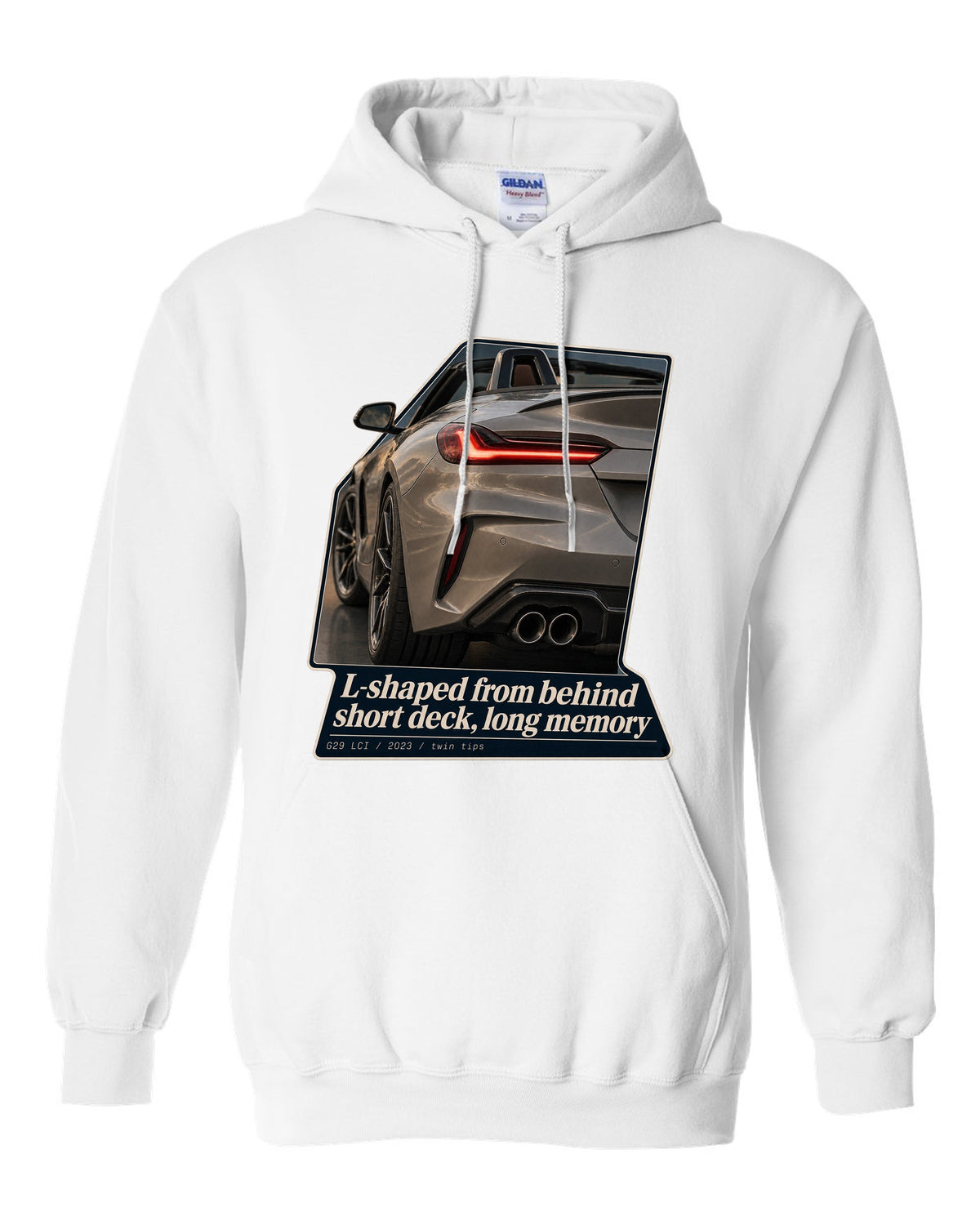 Macro print of the L-shaped taillight on a 2023 BMW Z4 G29 LCI white pull over hoodie front view with the design