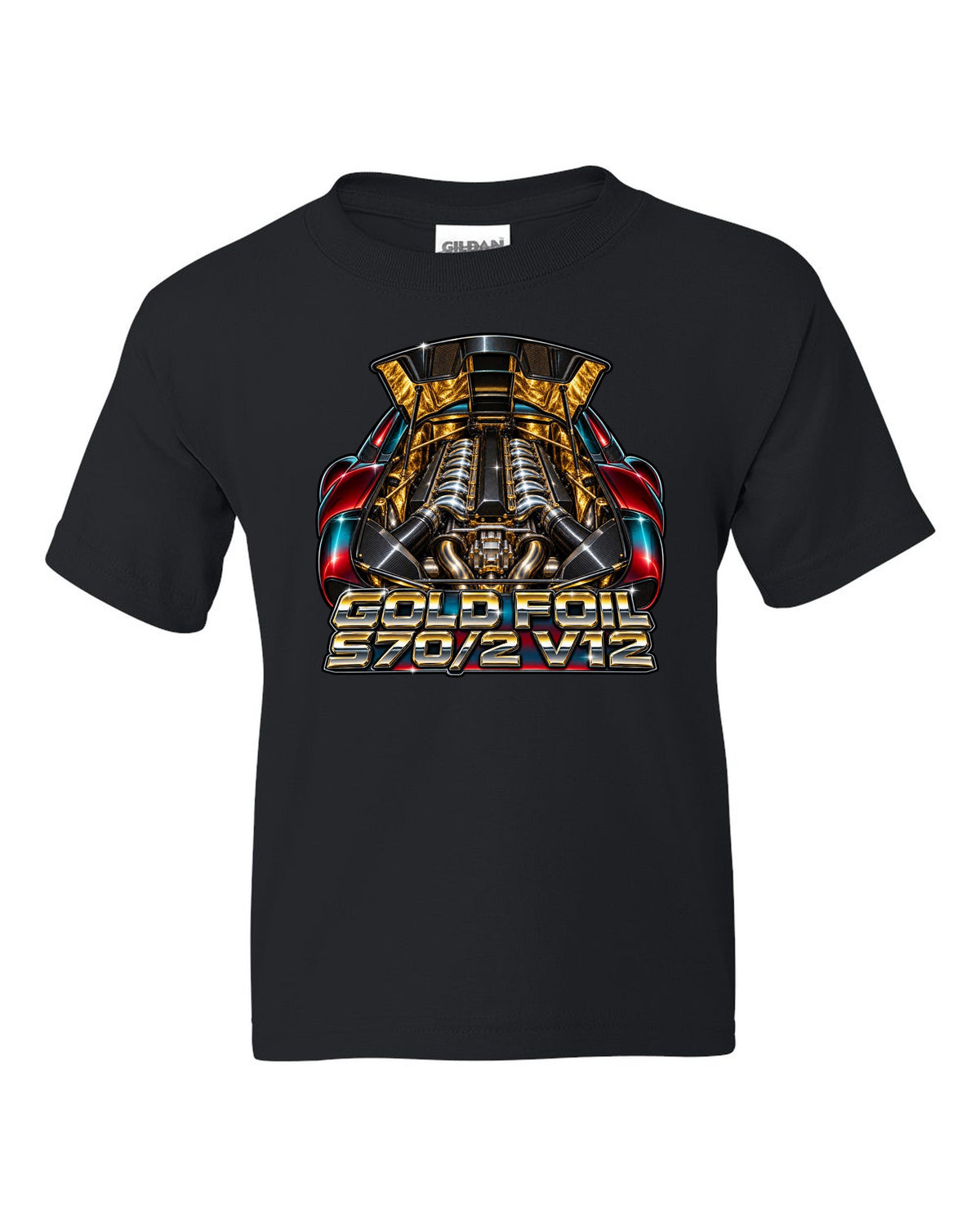 80s airbrush chrome print of the McLaren F1 gold foil engine bay with S70/2 V12 lettering black kids tee front view with the design