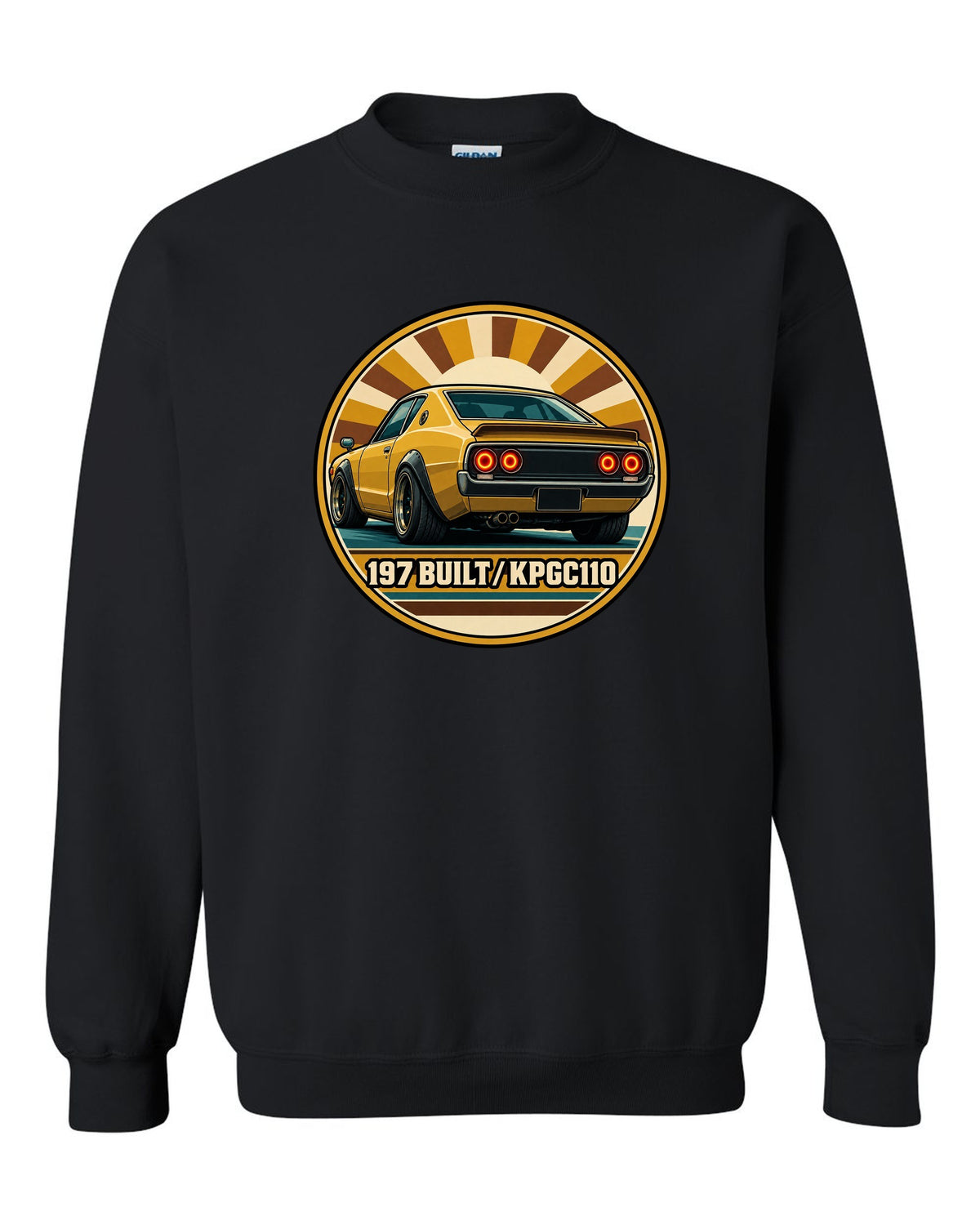 Round crest print for the Skyline Kenmeri KPGC110 with 197 Built lettering black crewneck front view with the design