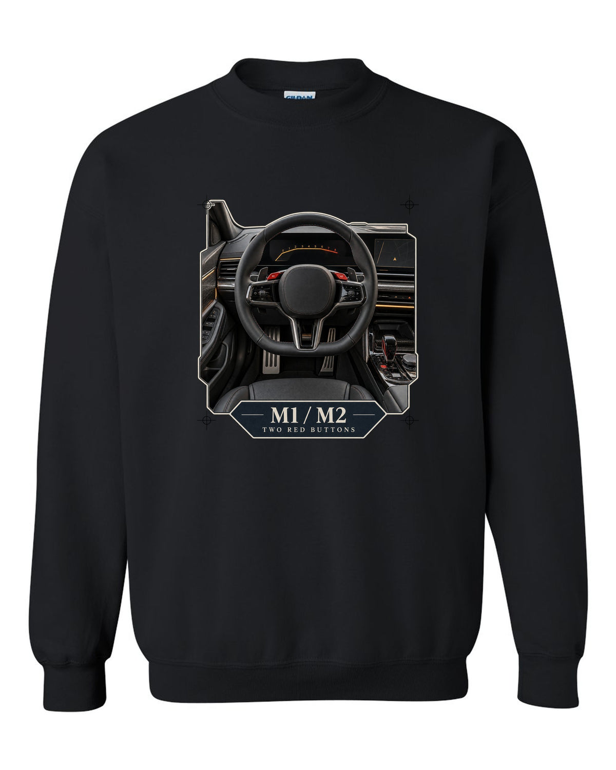 BMW M5 G90 cockpit and gauge cluster print on a tee black crewneck front view with the design