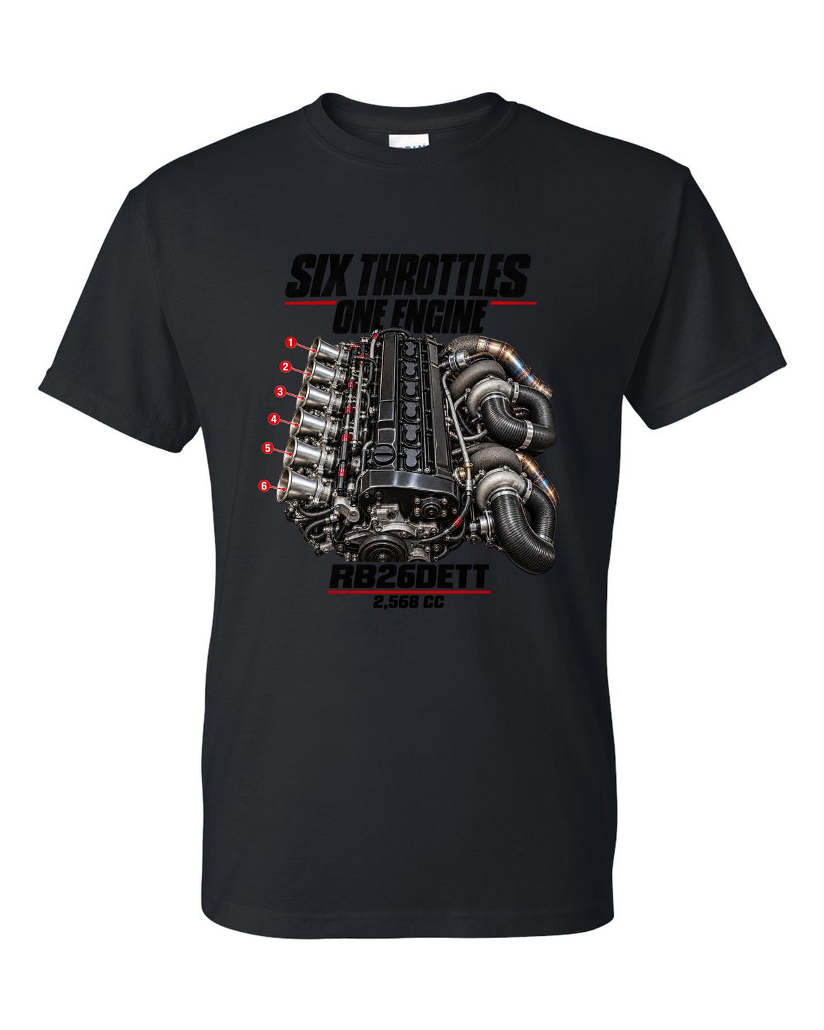 print of the RB26DETT six-throttle engine from the Nissan Skyline GT-R R32 black t-shirt front view with the design