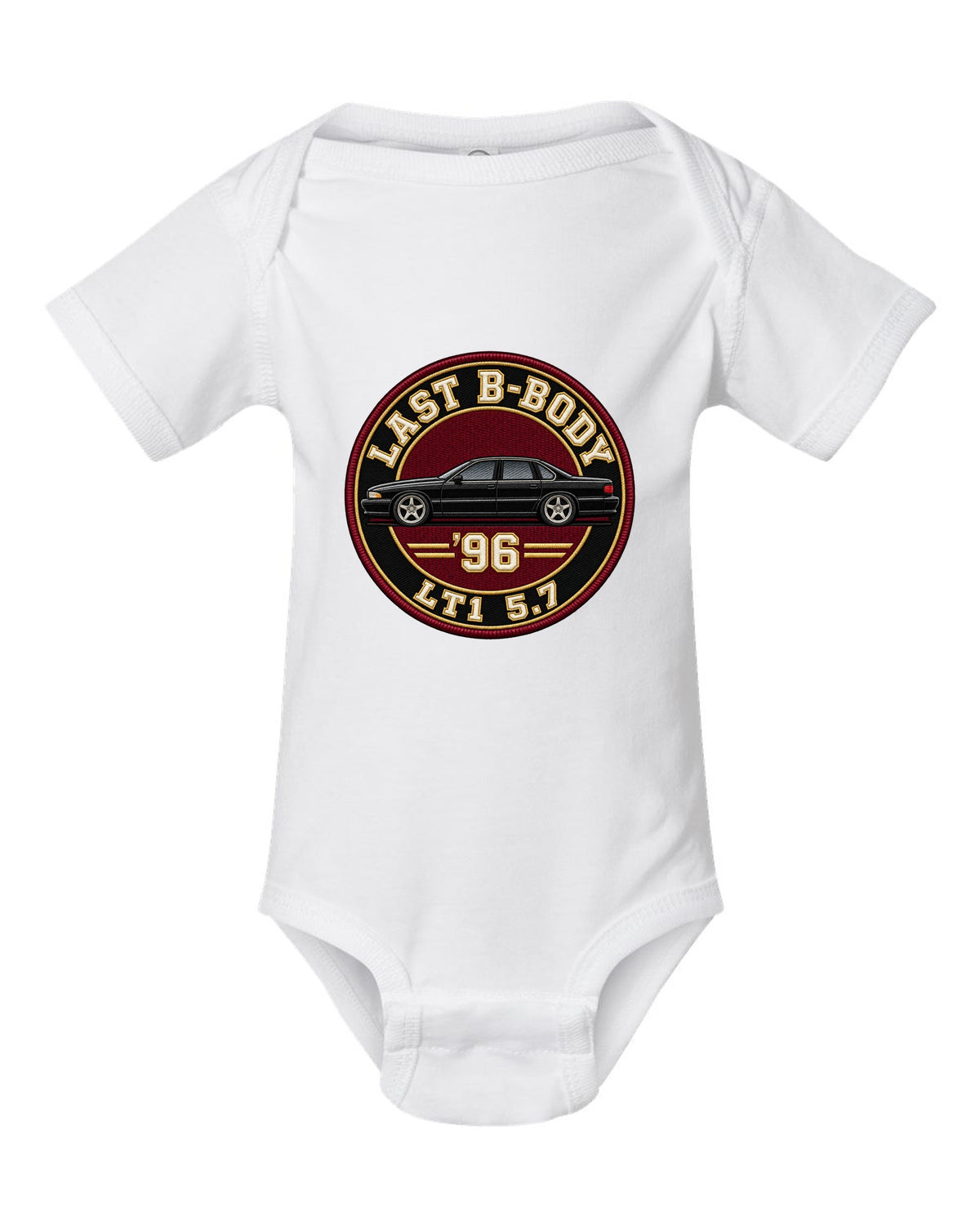 Varsity crest print for the 1996 Chevrolet Impala SS reading Last B-Body, '96, LT1 5.7 white baby onesie front view with the design