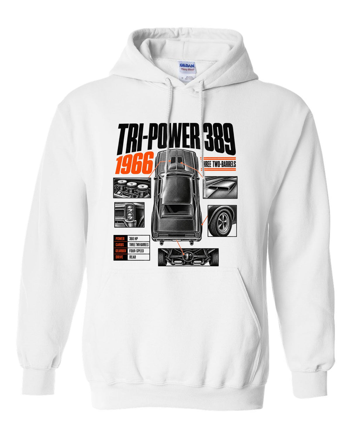 print spec poster of a 1966 Pontiac GTO with Tri-Power 389 lettering white pull over hoodie front view with the design