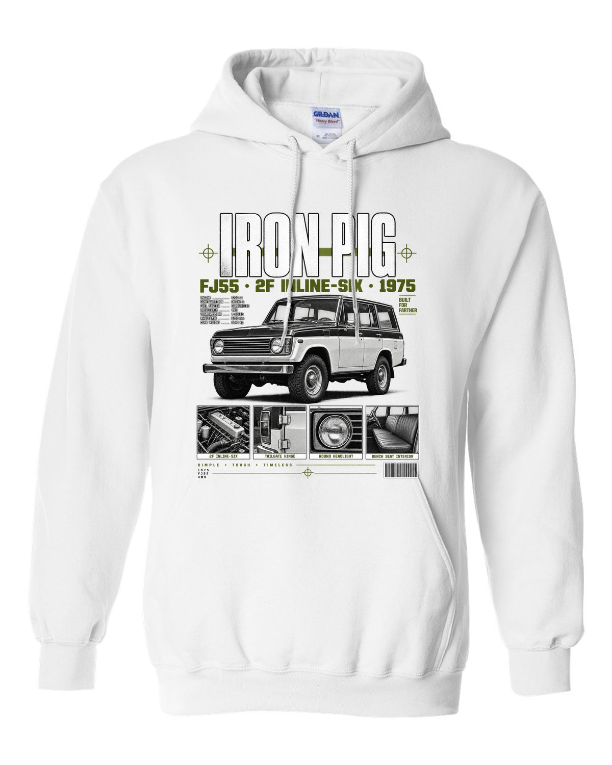 Dossier panel print of a Toyota Land Cruiser FJ55 wagon with Iron Pig and 2F text white pull over hoodie front view with the design
