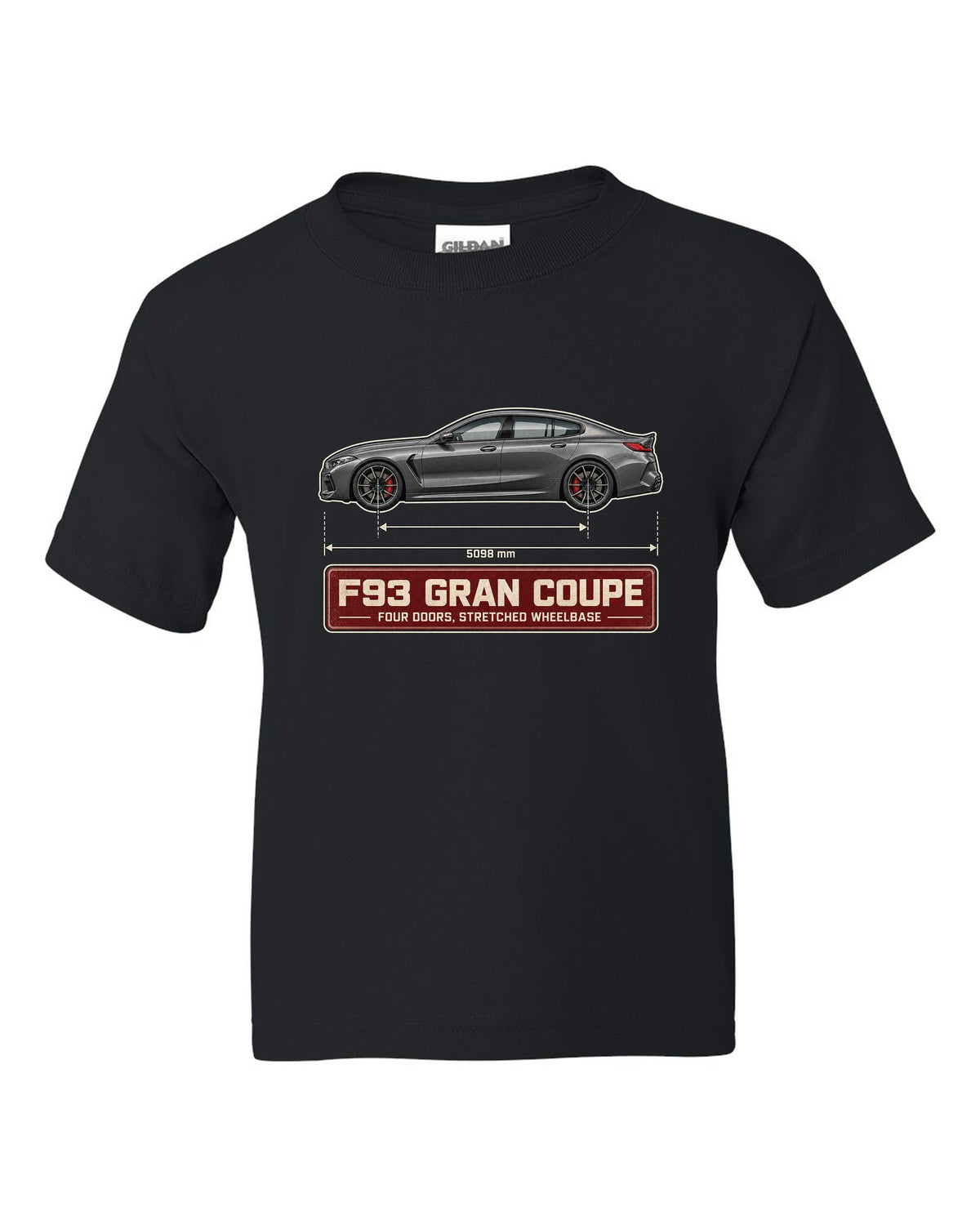 BMW M8 Competition Gran Coupe F93 blueprint print on a tee black kids tee front view with the design