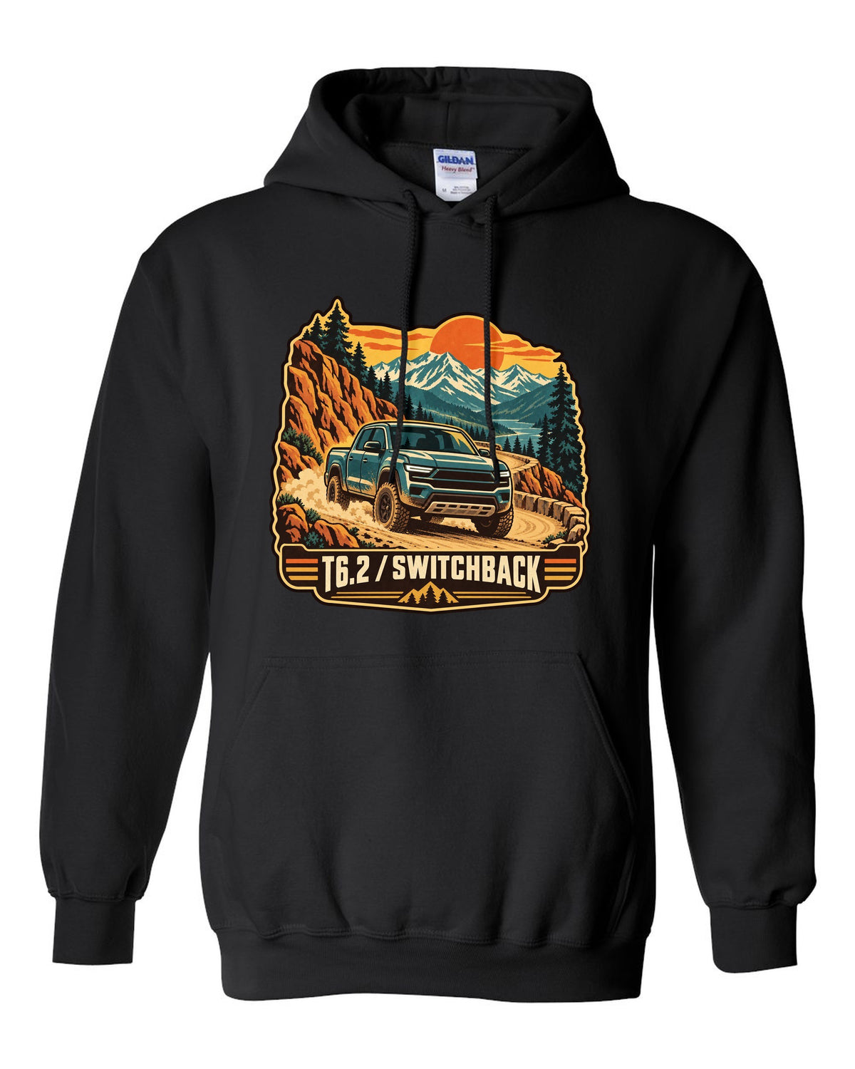 Vintage travel poster print of a 2022-present Ford Ranger T6.2 P703 on a switchback road black pull over hoodie front view with the design