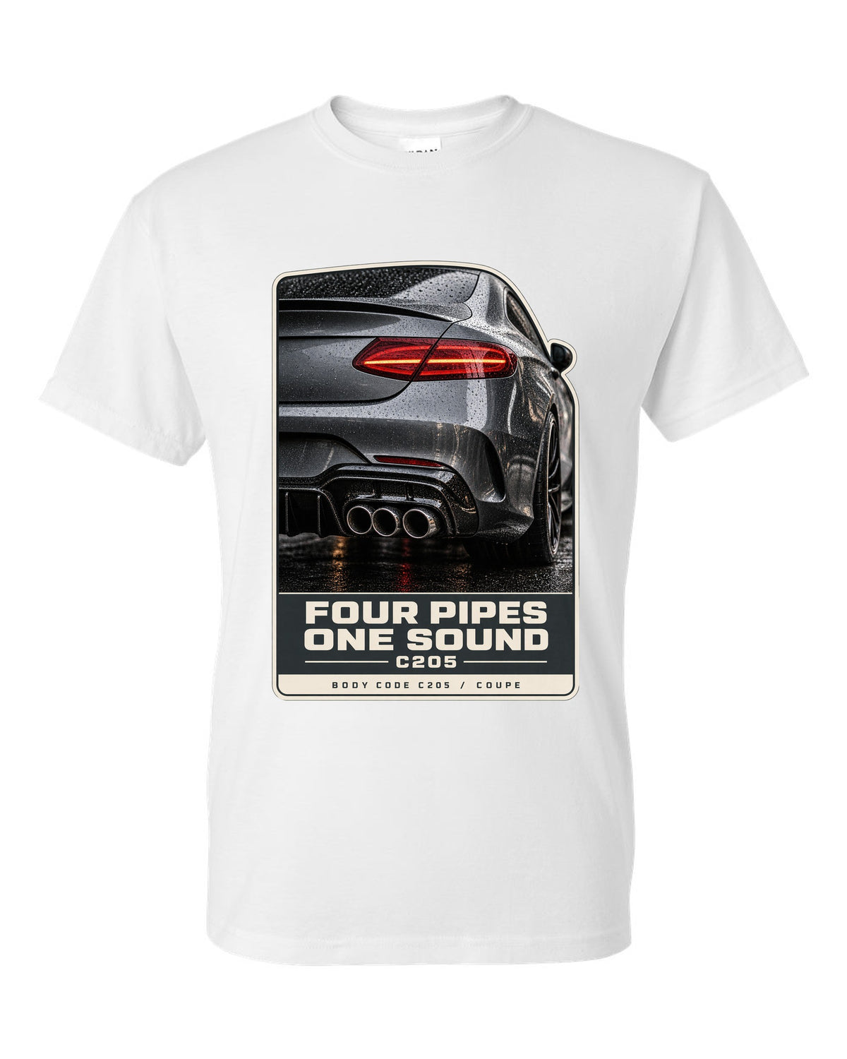 Mercedes-AMG C63 Coupe C205 rear taillight and four-pipe exhaust macro white t-shirt front view with the design