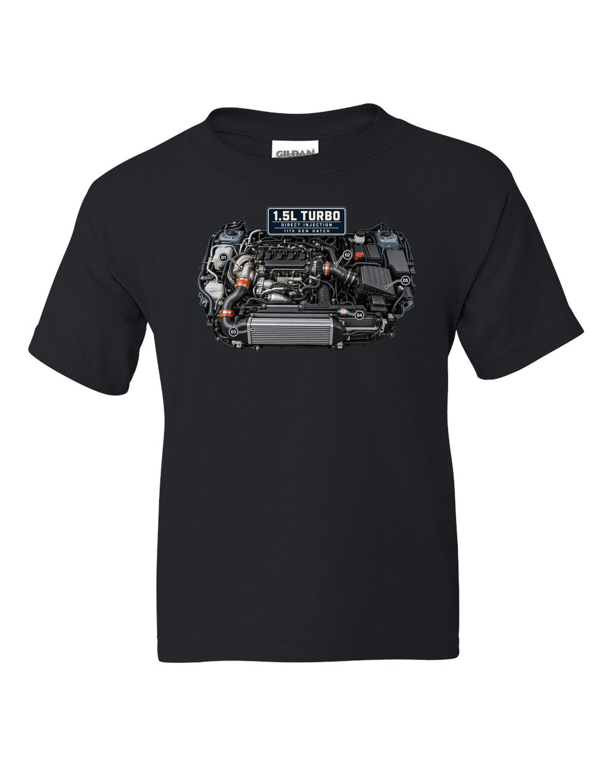 Honda Civic chback FL1 1.5L turbo engine bay print black kids tee front view with the design