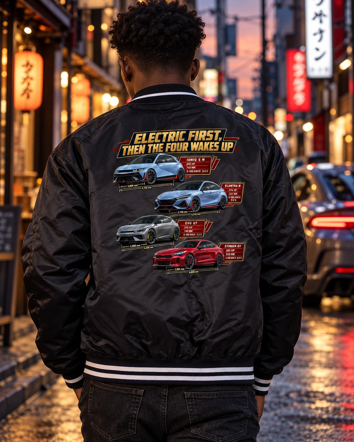 Polestar 1 Spec Poster Shirt, Electric First Then the Four Bomber Jacket Black worn hero