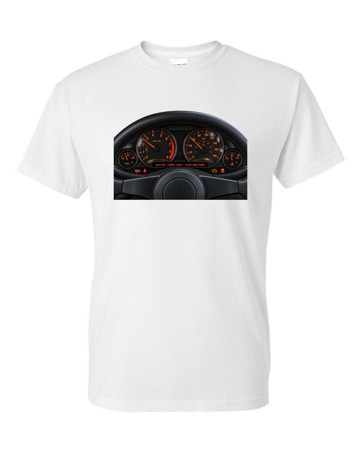 BMW E46 M3 coupe cockpit gauge print with cold oil short leash and 8,000 when warm text white t-shirt front view with the design