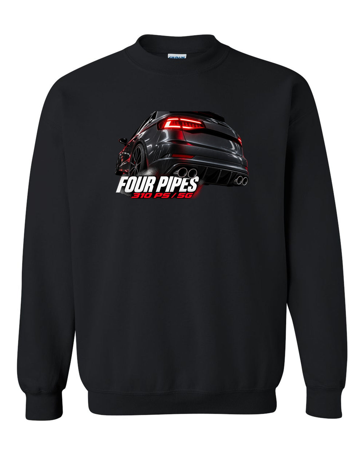 print macro of a VW Golf R Mk7.5 rear taillight and four exhaust pipes with 310 PS text black crewneck front view with the design