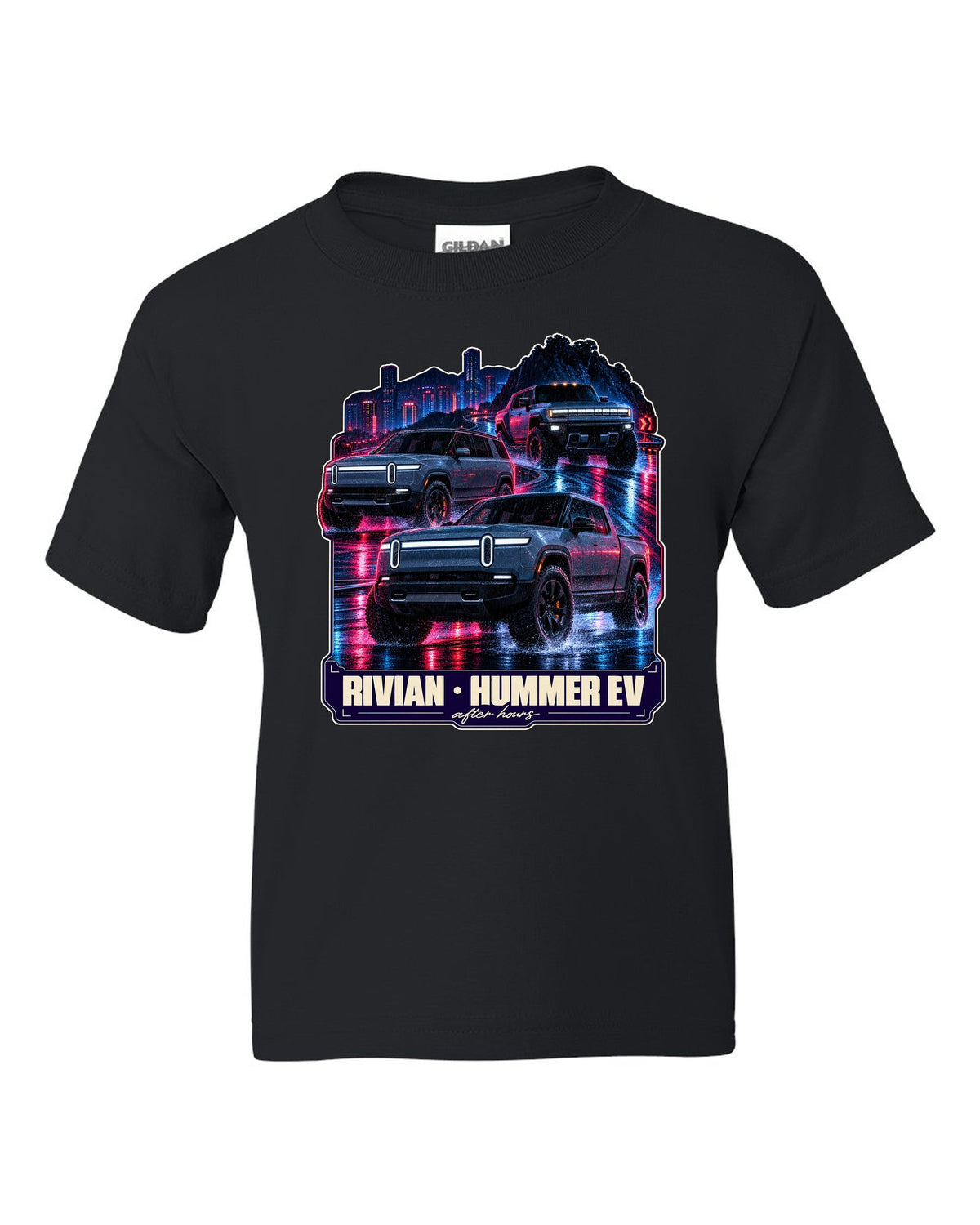 Night street print of the Range Rover Sport SV L461 on a wet road at 2 AM black kids tee front view with the design