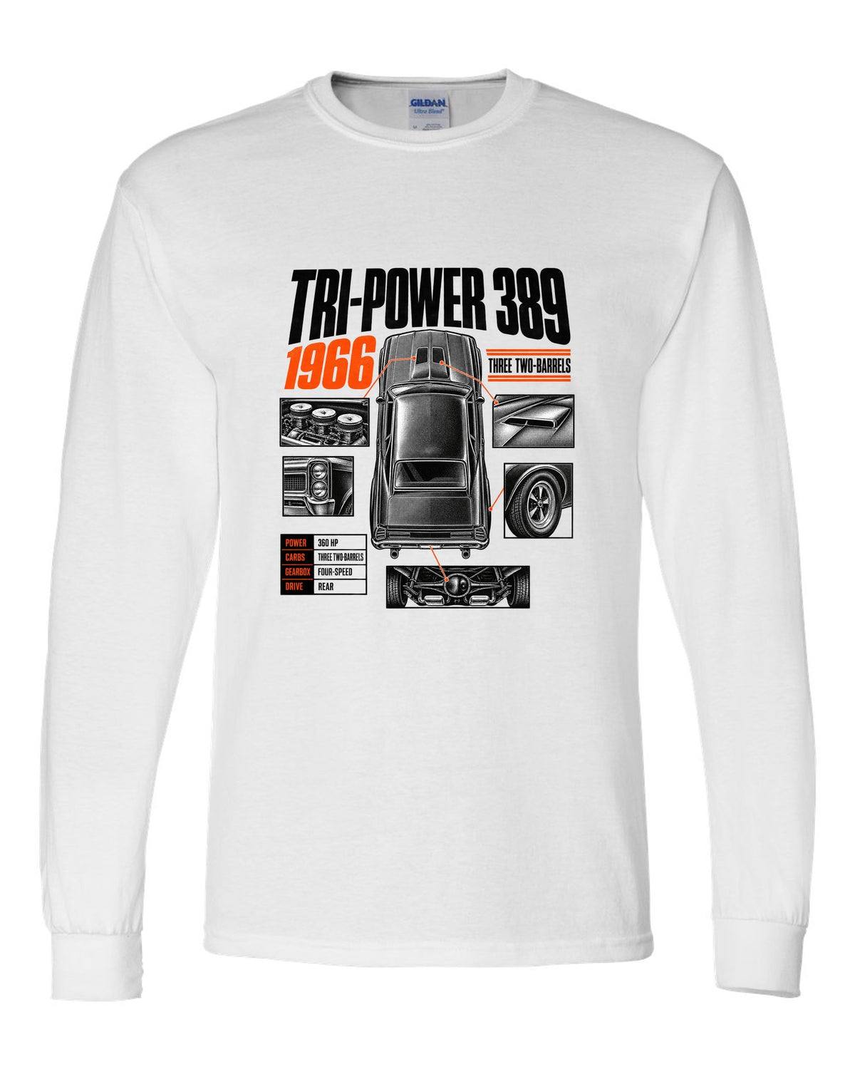 print spec poster of a 1966 Pontiac GTO with Tri-Power 389 lettering white long sleeve front view with the design