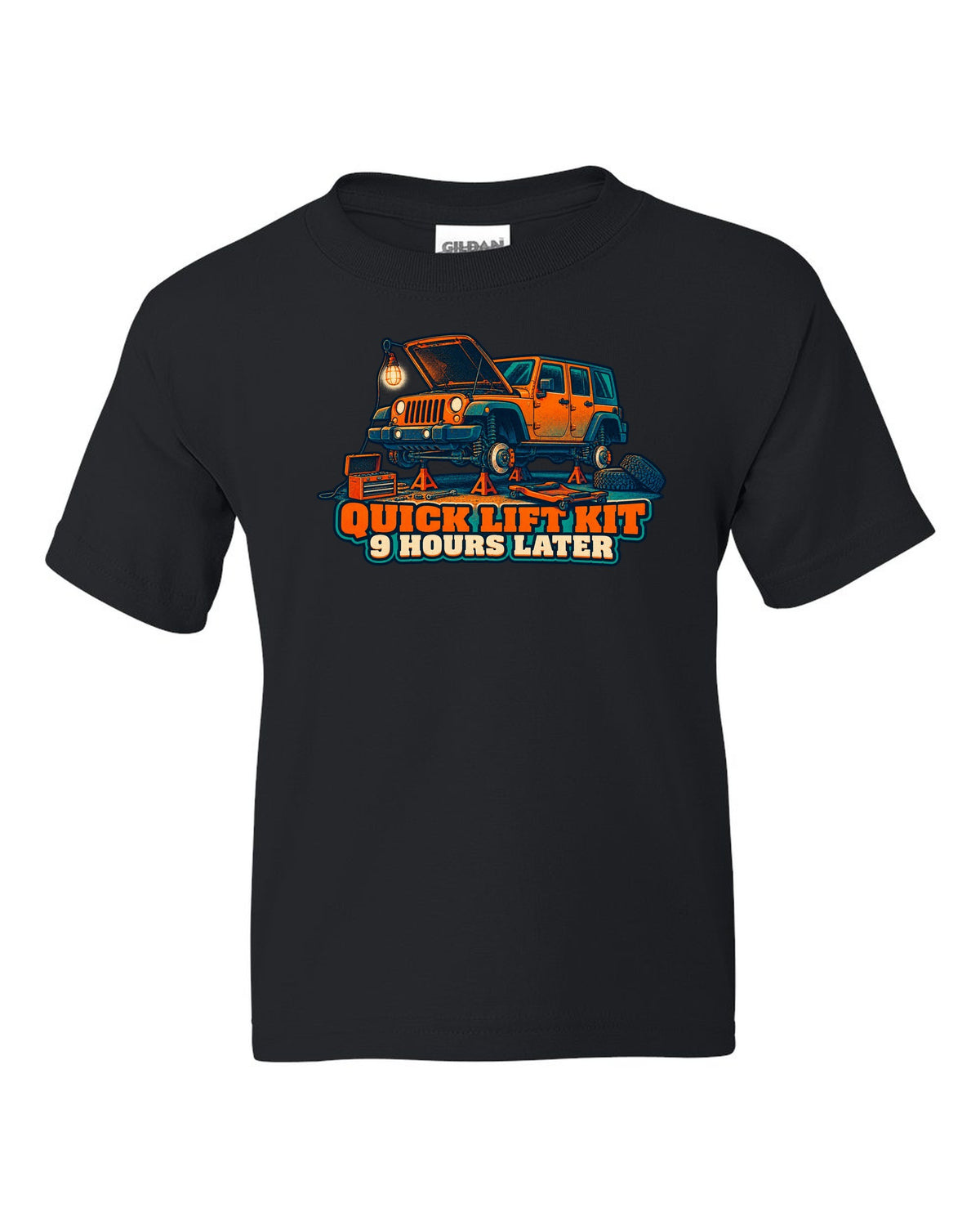 Risograph-style print of a Jeep Wrangler JKU four-door with lift kit joke text black kids tee front view with the design