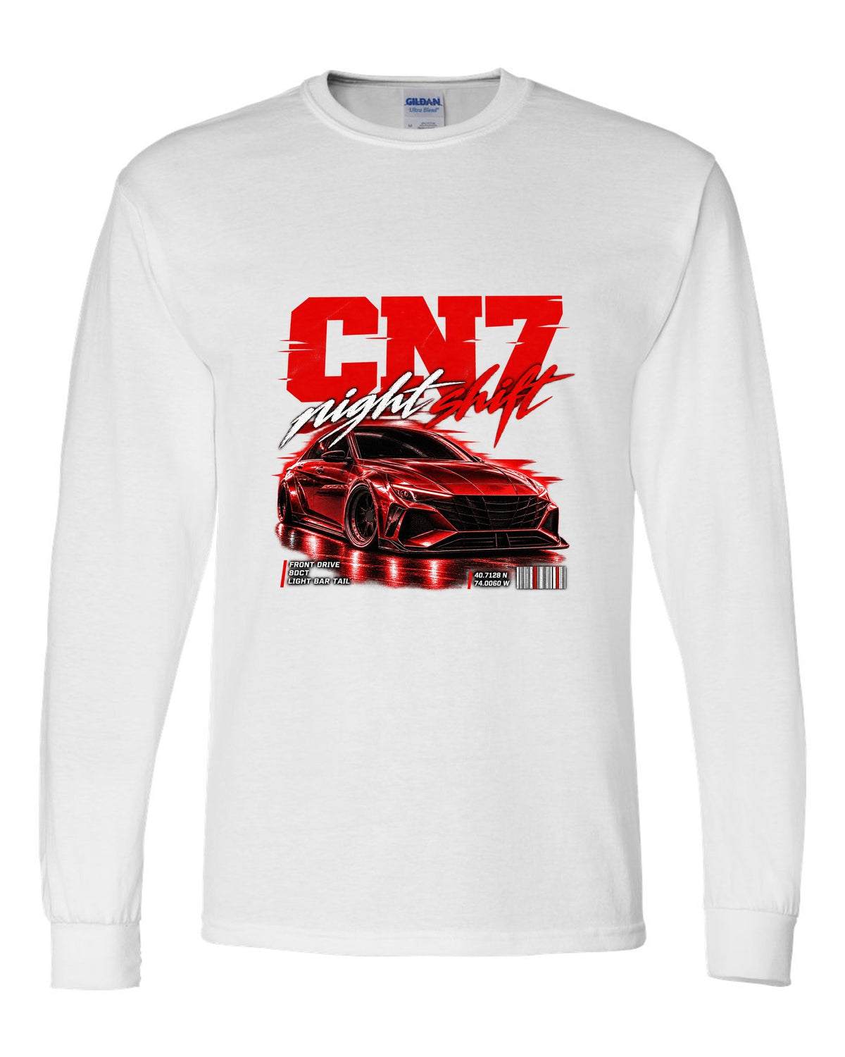 Hyundai Elantra N CN7 street poster print with night shift text and coordinates white long sleeve front view with the design