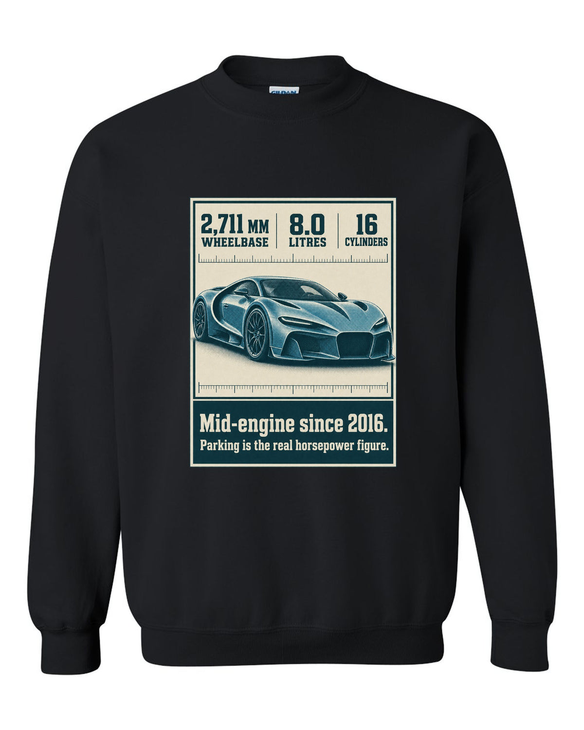 Bugatti Chiron Sport halftone print with wheelbase and engine facts black crewneck front view with the design