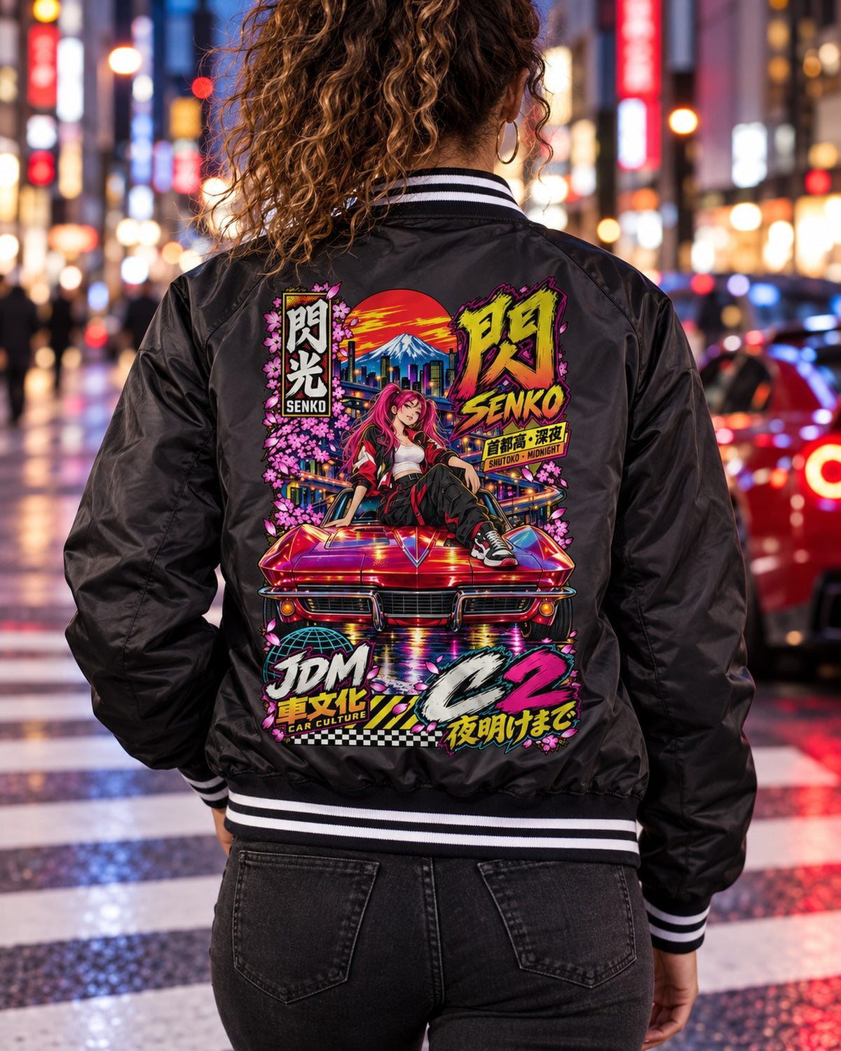 SENKO C2 Anime Girl Full-Back Graphic Tee Bomber Jacket Black worn hero