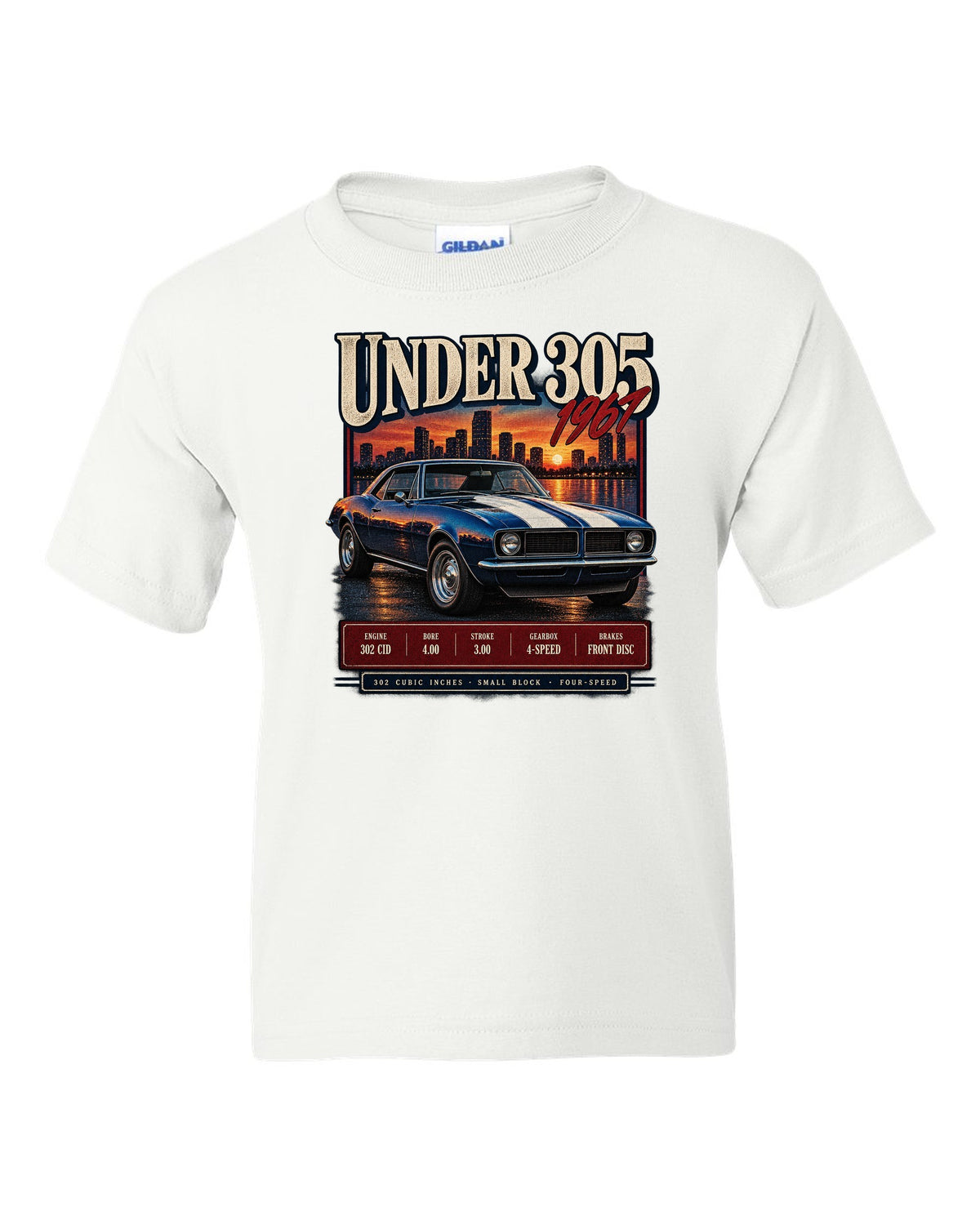 Archive-panel print of a 1967 Chevrolet Camaro Z/28 listing 302 cubic inch small block specs white kids tee front view with the design